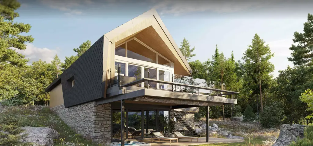 Retreat house design front view with stone base, glazed facade, and large deck in the forest