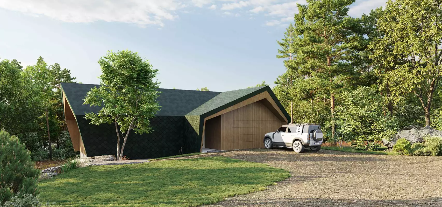 Retreat house design with angular roof, garage, and gravel drive surrounded by trees