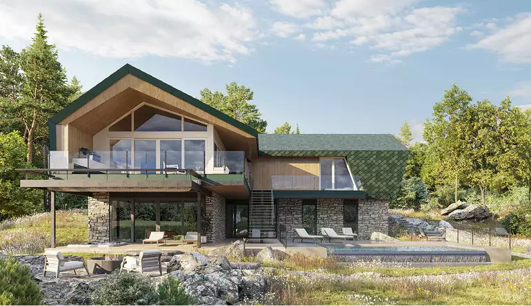 Retreat house design rear facade with twin volumes, terraces, stone base, and outdoor pool