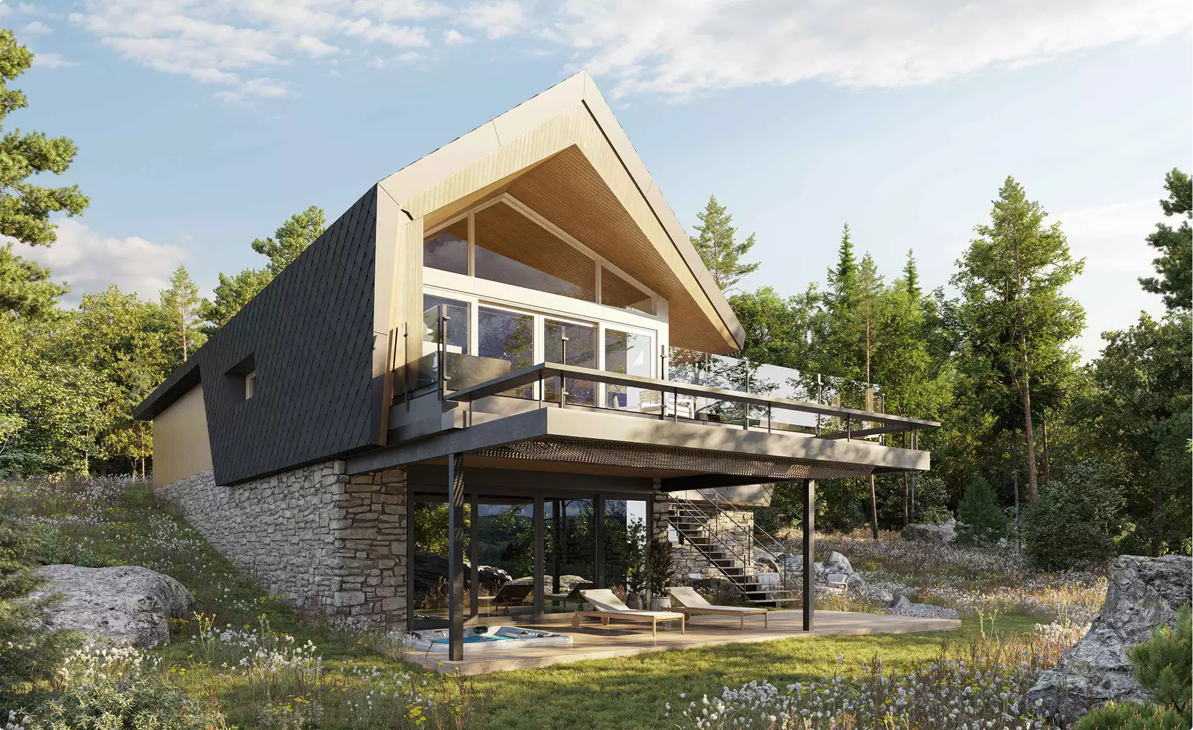 Retreat house design with steep roof, glass facade, and raised terrace in a wooded hillside setting