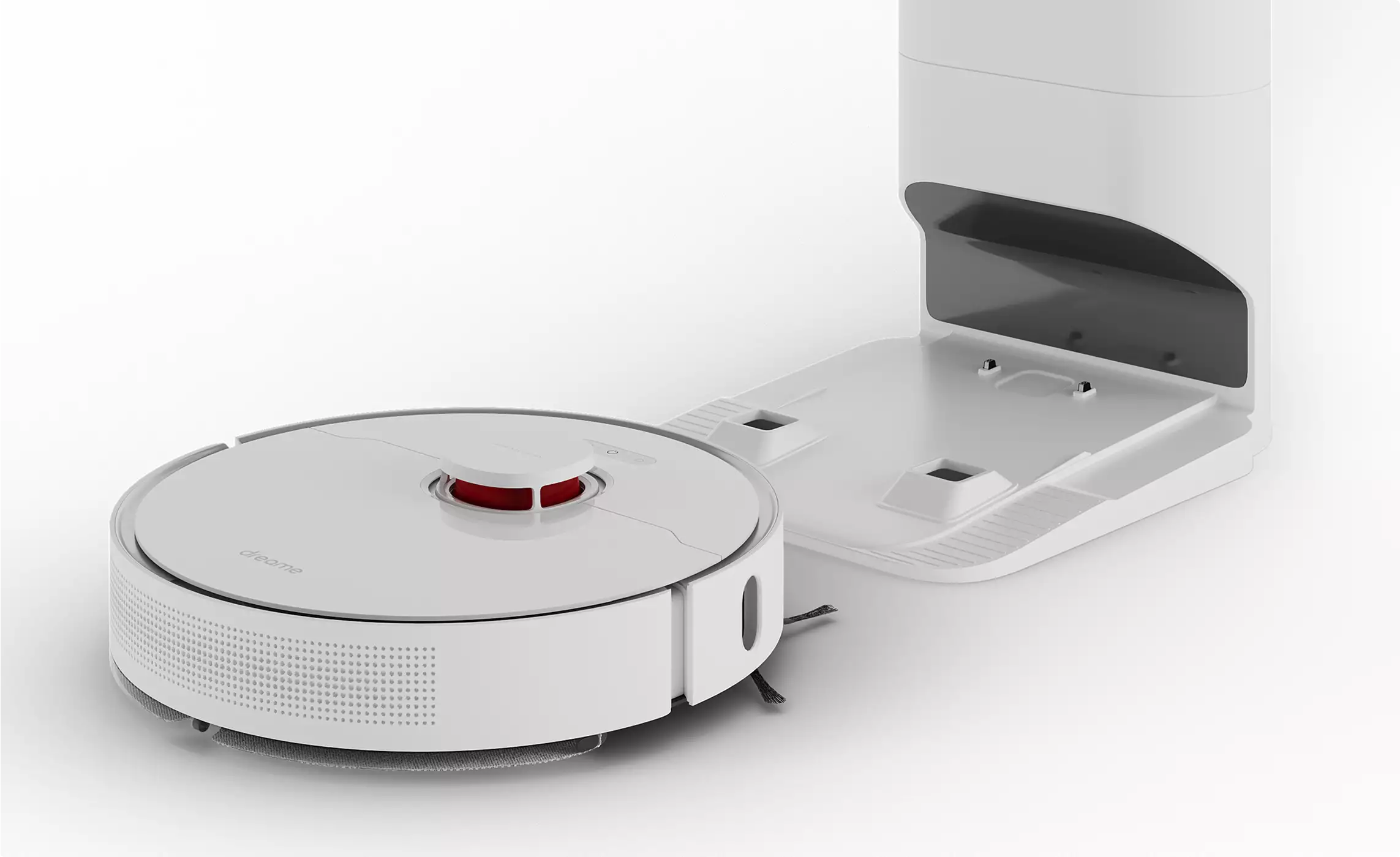 Robot vacuum cleaner design with docking station on white background showing product cleaning device and base