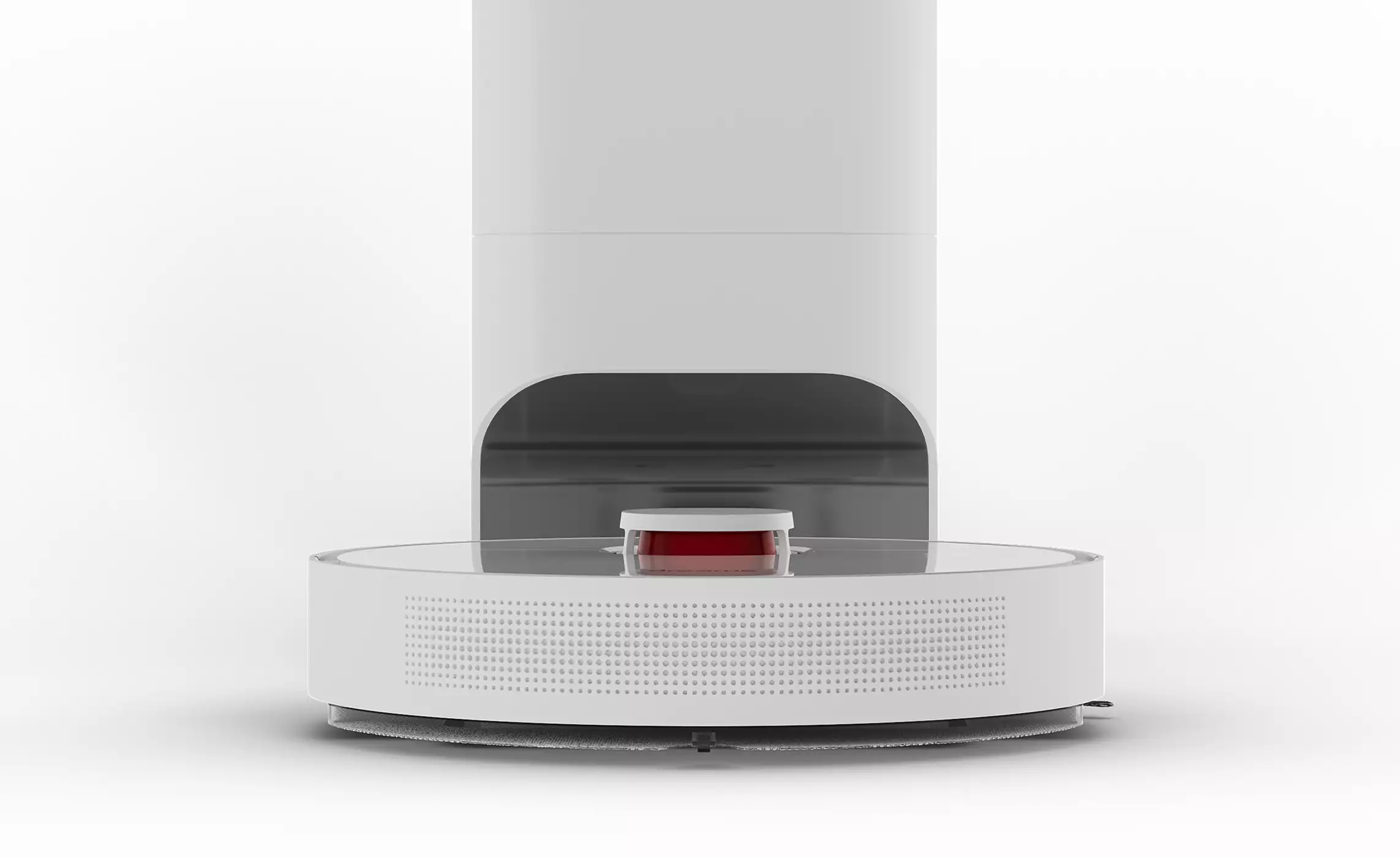 Robot vacuum cleaner design front view at docking station on white background showing round cleaning robot