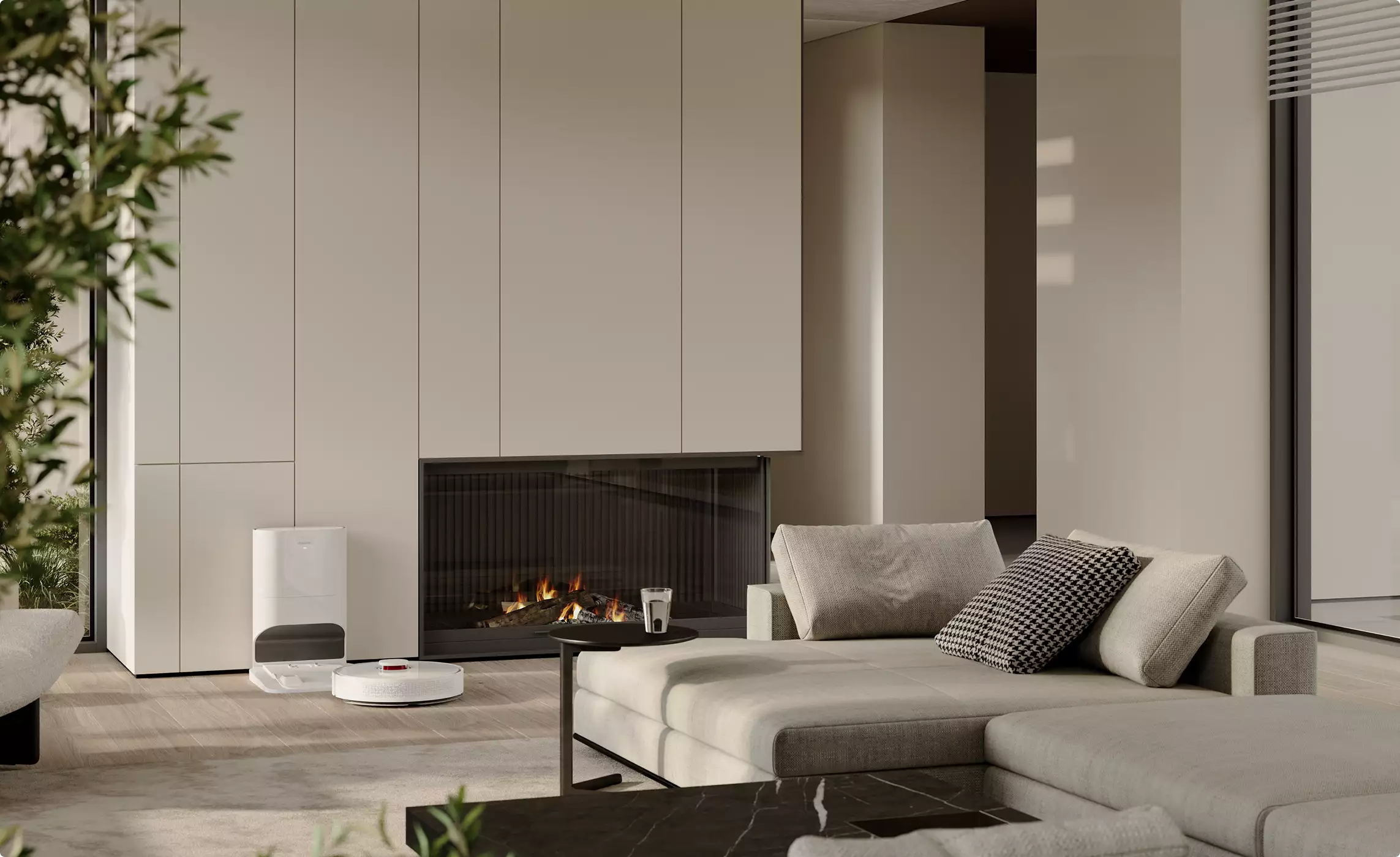 Robot vacuum cleaner design cleaning living room floor near fireplace with docking station in modern home interior