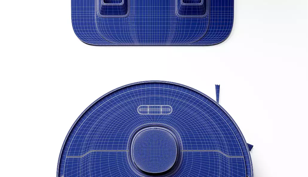 Robot vacuum cleaner design top view wireframe blueprint showing round robot cleaning device structure