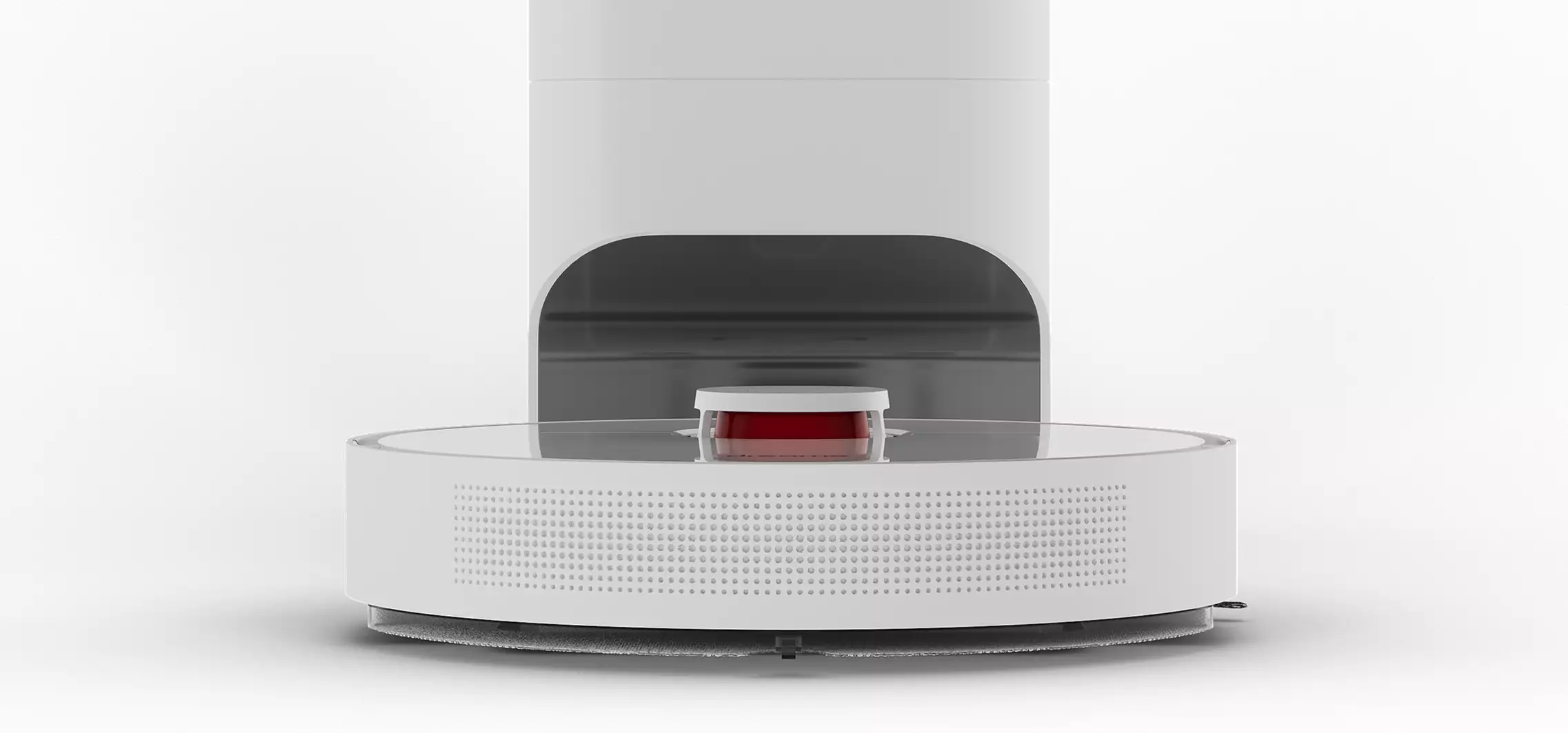 Robotic vacuum cleaner design front view at docking station on white background showing round cleaning robot