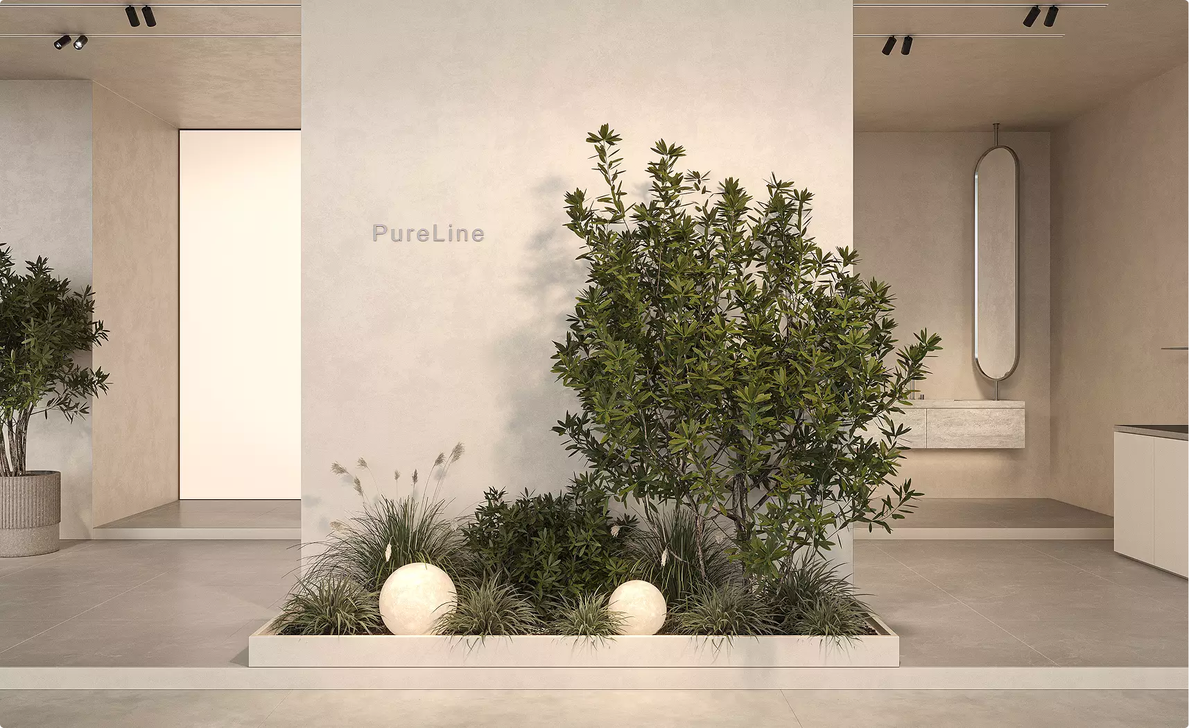 Central planter area in sales booth rendering with shrubs, soft lighting and open display space