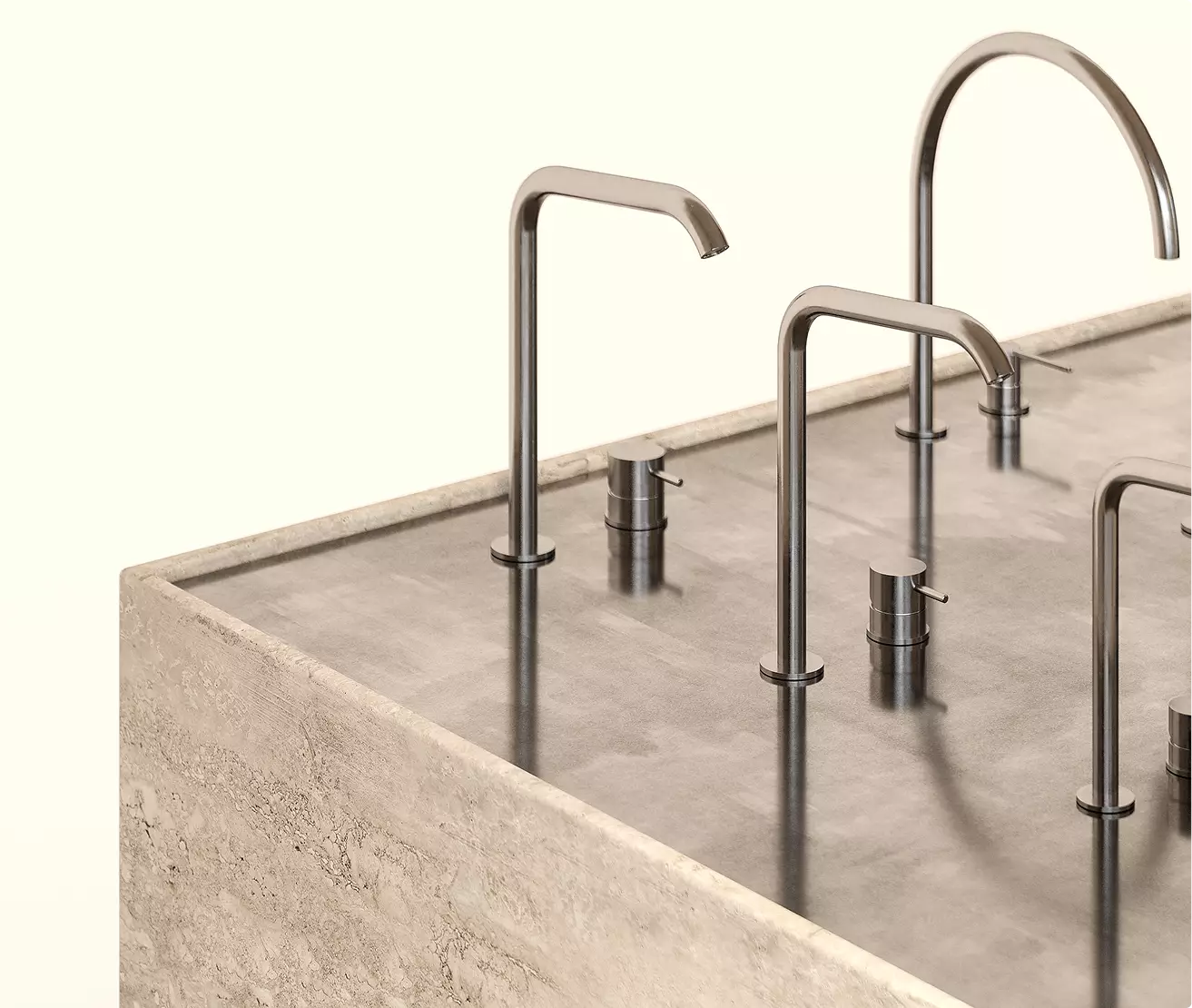 Close view of faucet display in sales booth rendering with stone counter and metal fixtures