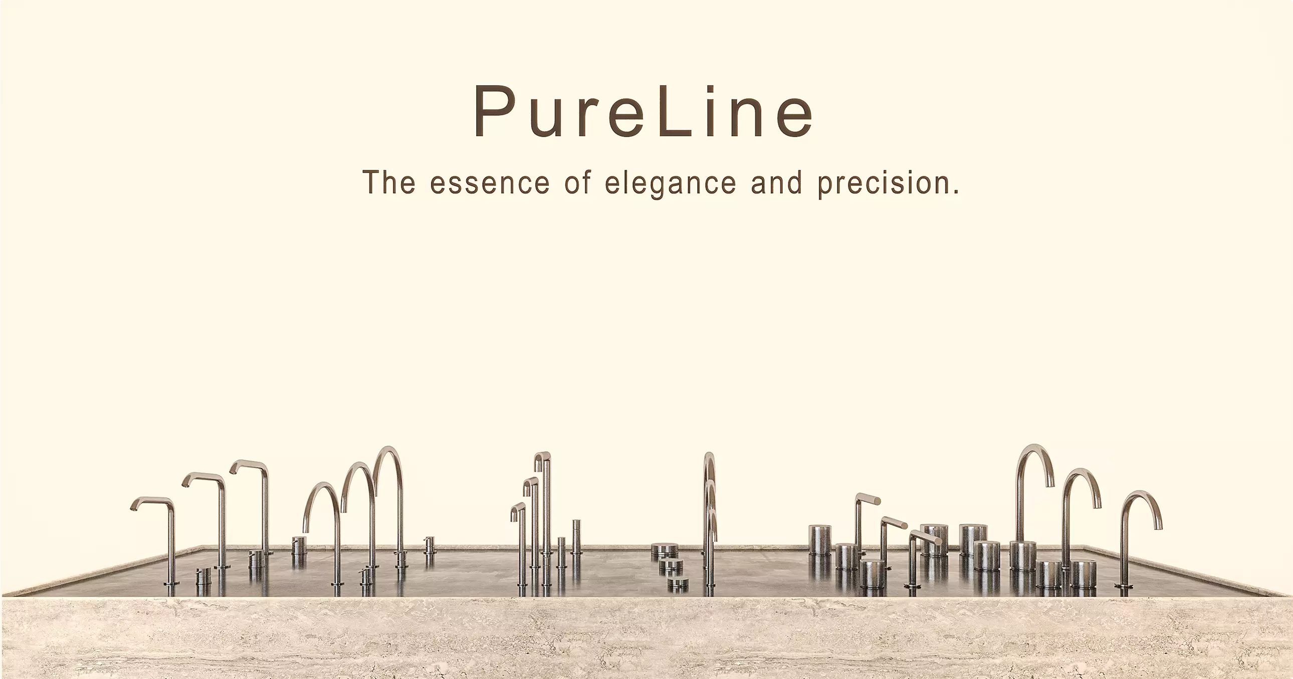 Faucet display counter in sales booth rendering with brand wall text and stone base