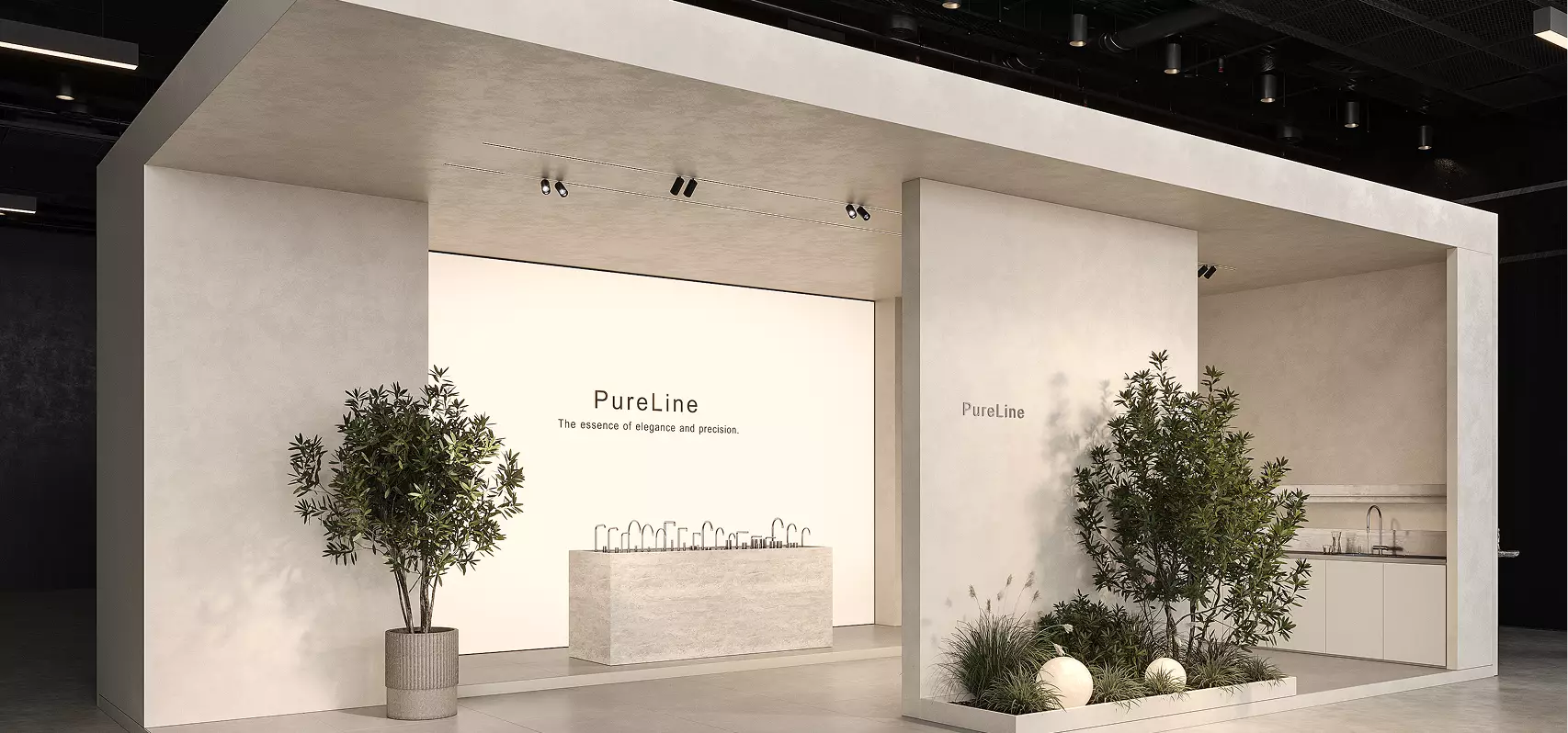 Full trade show display in sales booth rendering with faucet counter, planters and neutral walls