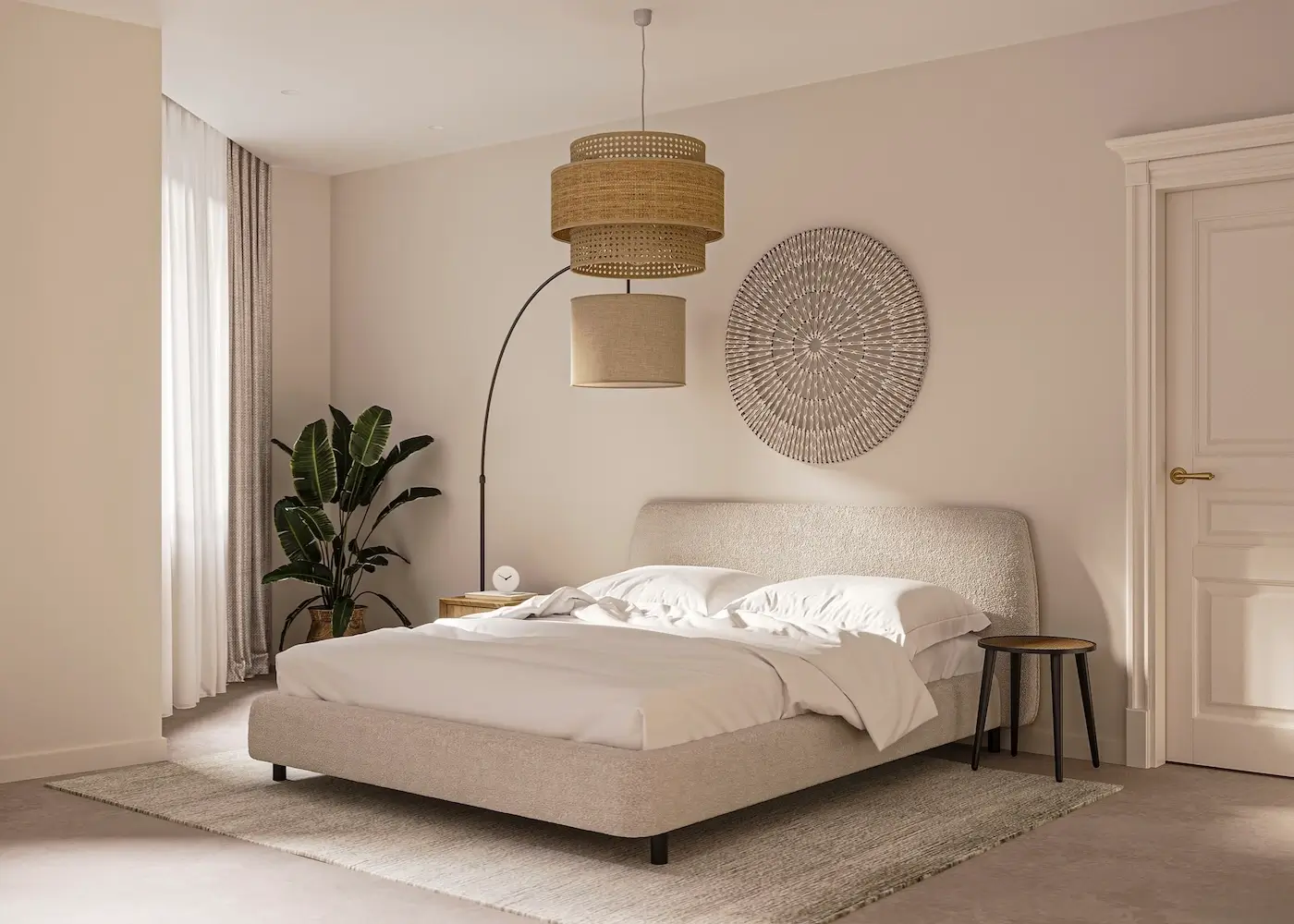What Is Scandinavian Style? Key Characteristics and Design Ideas Scandinavian style bedroom with upholstered bed, woven pendant lamp, side tables, and neutral rug