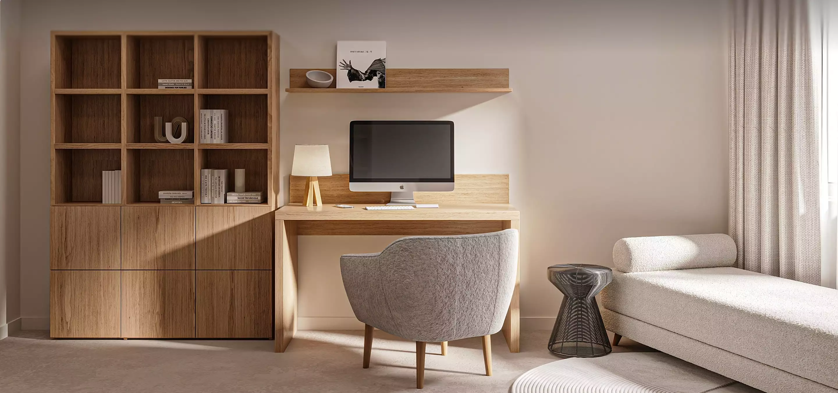 Scandinavian style home office with wooden desk, shelving, neutral tones, and soft natural light