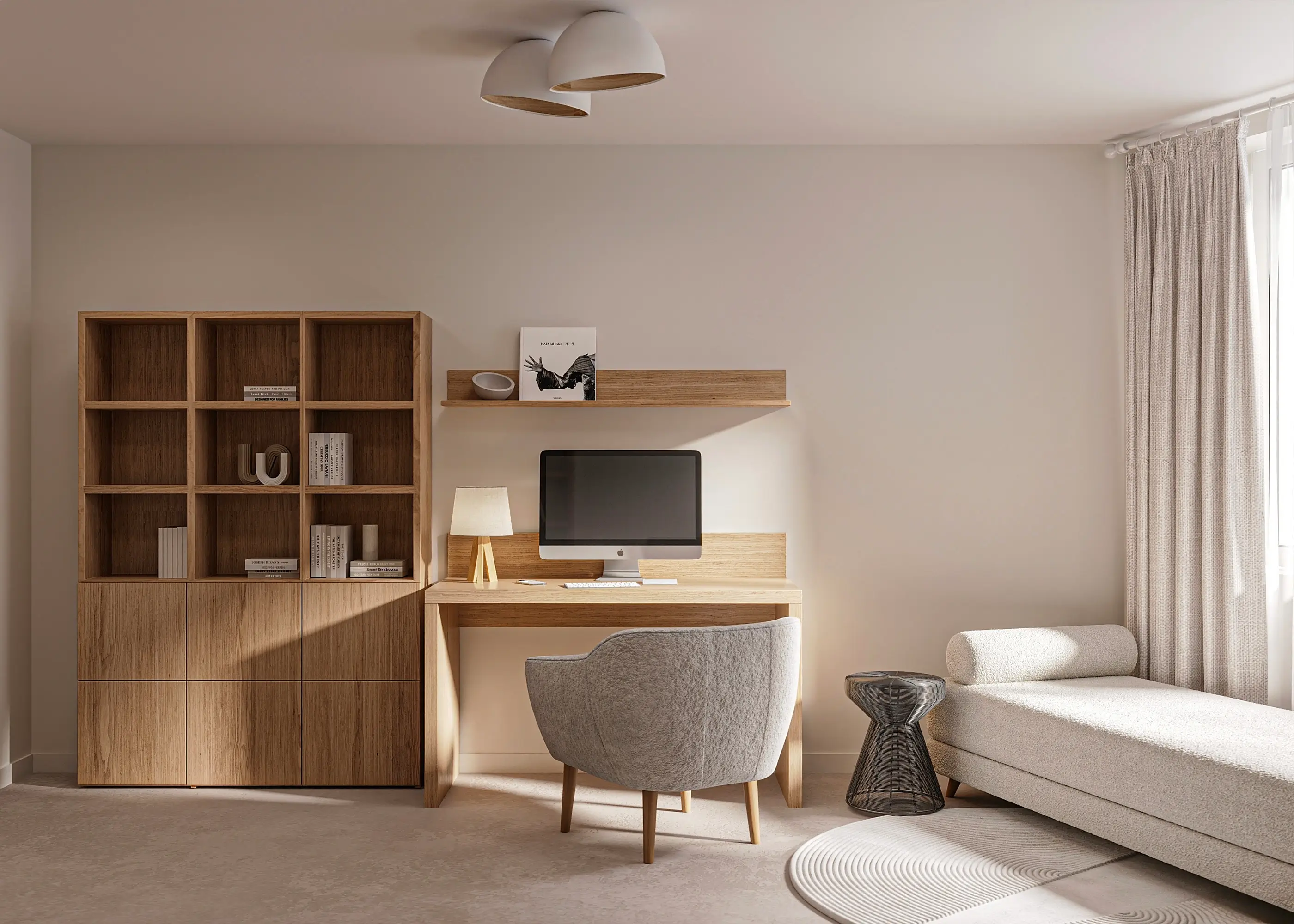 What Is Scandinavian Style? Key Characteristics and Design Ideas Scandinavian style home office with oak desk, open shelving, chaise lounge, and soft beige light