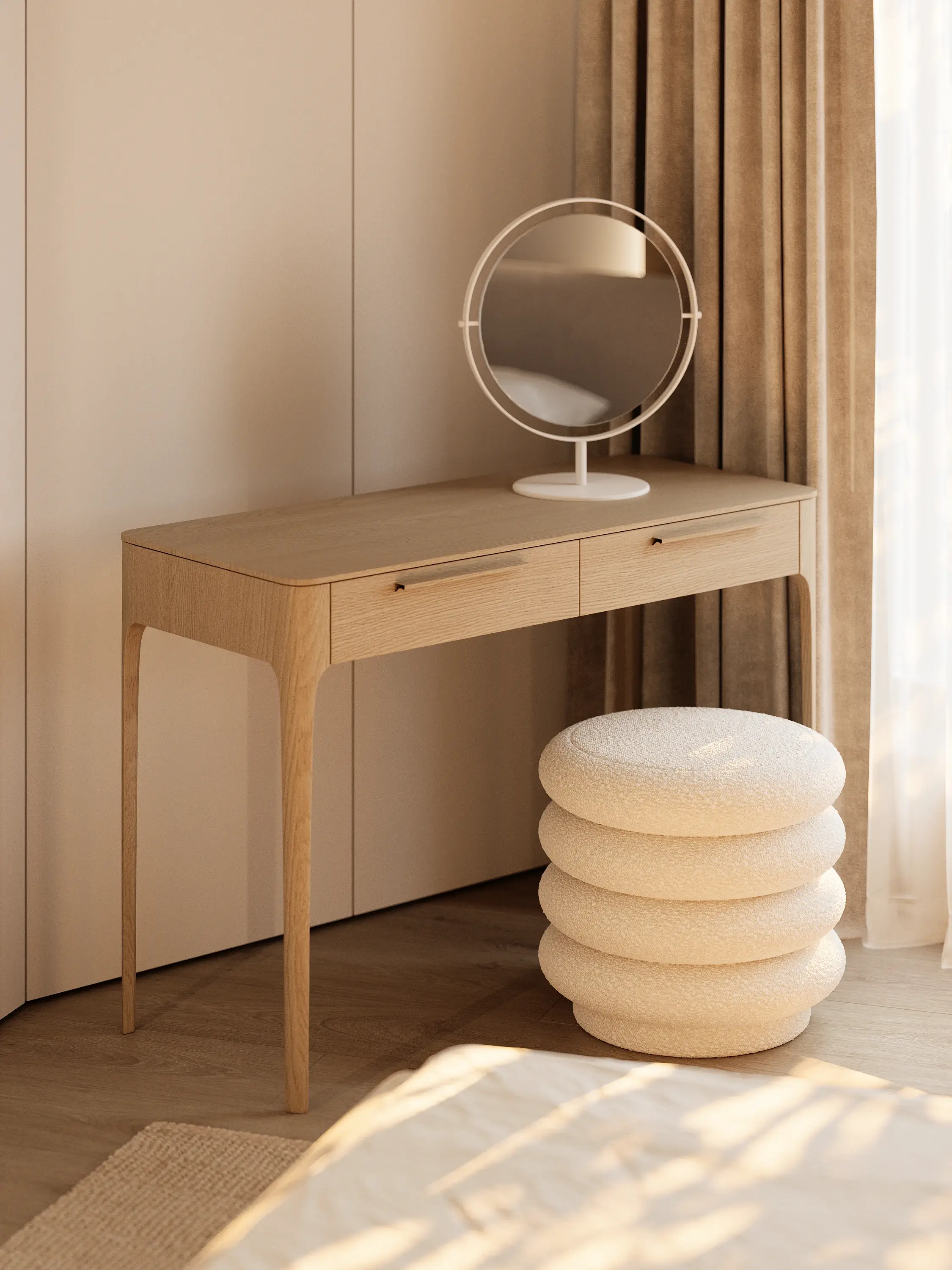 What Is Scandinavian Style? Key Characteristics and Design Ideas Scandinavian style vanity with light wood desk, round mirror, boucle stool, and beige curtains