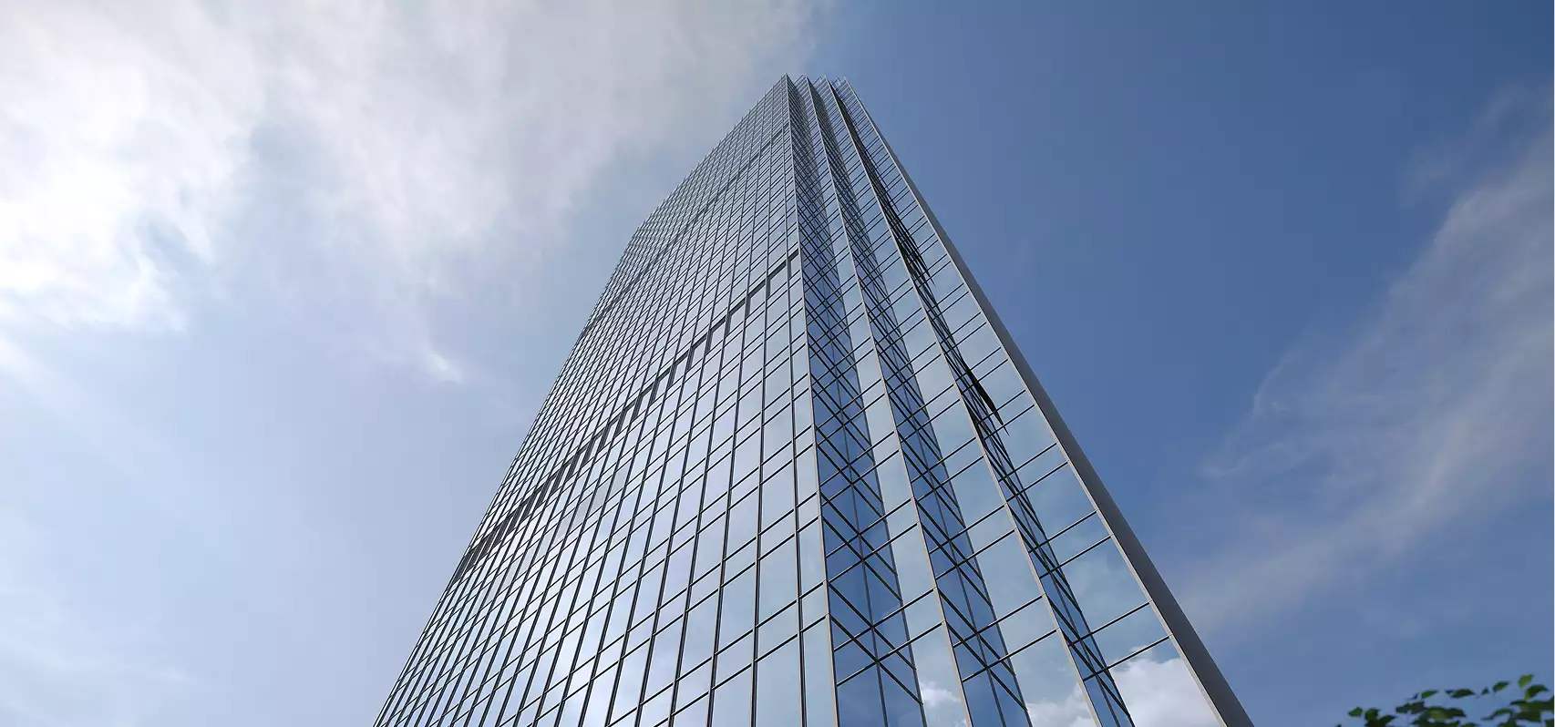 Glass tower skyscraper rendering from below against blue sky with reflective facade and vertical lines.