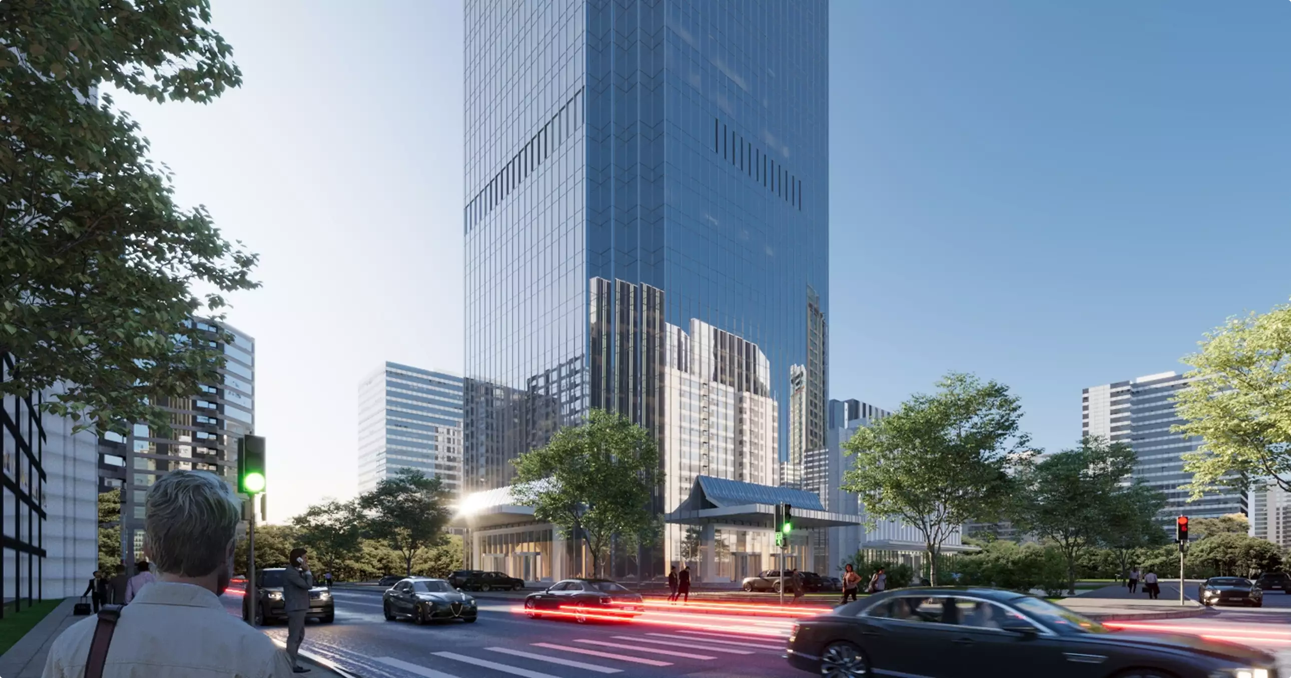 Street corner skyscraper rendering with glass tower, cars, trees, crosswalk, and people at the base.