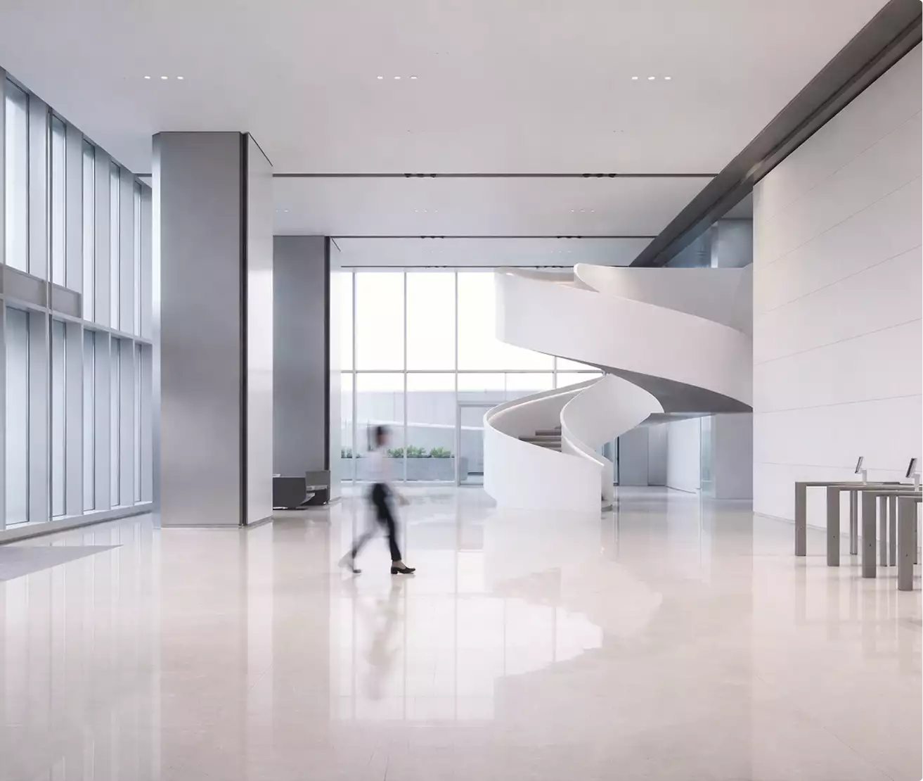 Bright lobby skyscraper renders with white spiral staircase, glass walls, glossy floor, and blurred figure.