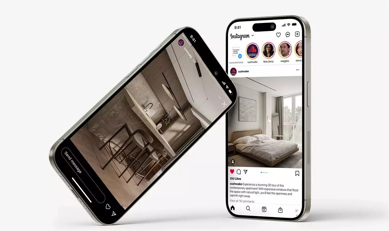 Two smartphones showing interior design posts, residential exterior rendering, on a plain background