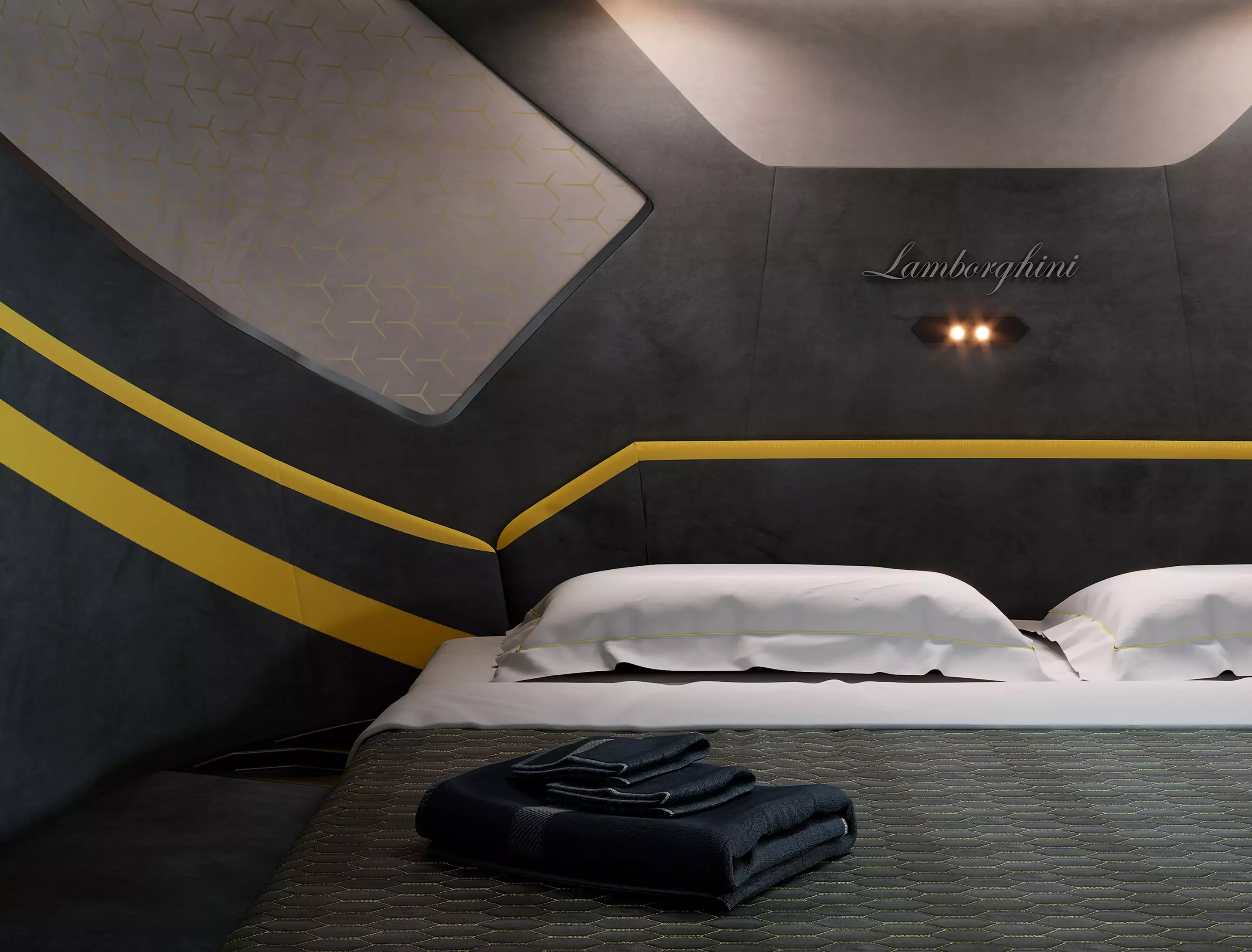 Yacht interior master cabin with low bed, yellow-striped wall panels, folded towels, and sleek Lamborghini-inspired yacht design