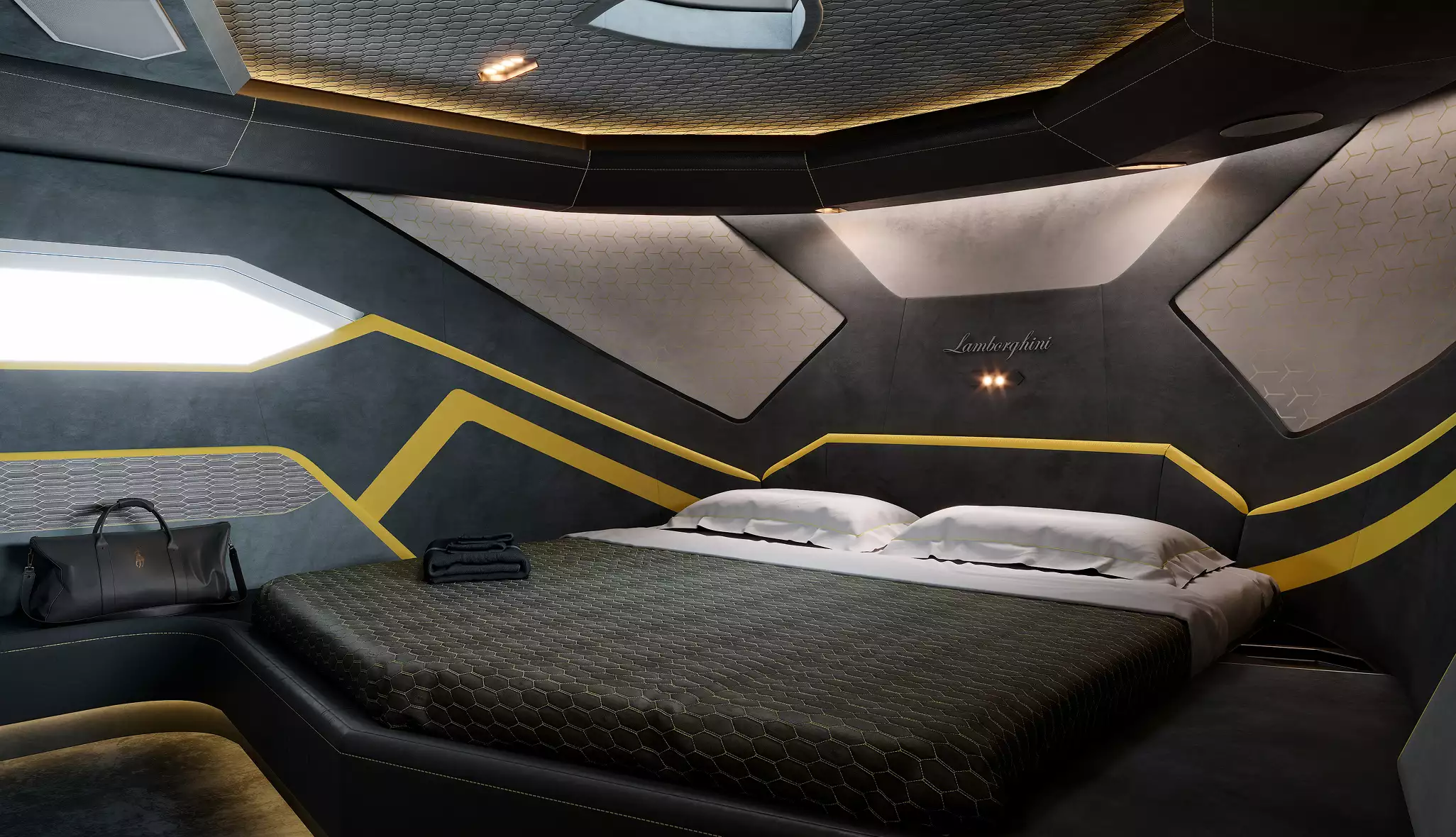 Yacht interior master suite with low bed, geometric wall panels, yellow racing stripes, and ambient ceiling lighting in Lamborghini yacht design
