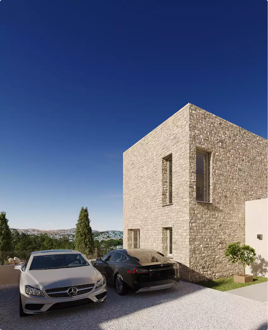 Stone villa facade and driveway, residential architectural rendering, with parked cars and blue sky
