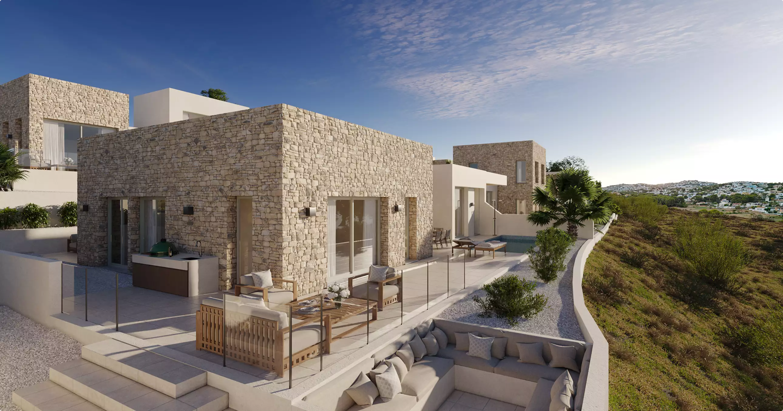 Stone villa terrace, residential exterior rendering, with lounge seating, pool, and hillside view