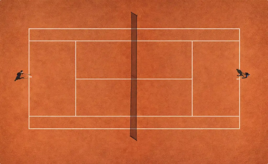 Clay tennis court design stylized top view with silhouette players jumping on opposite sides of net