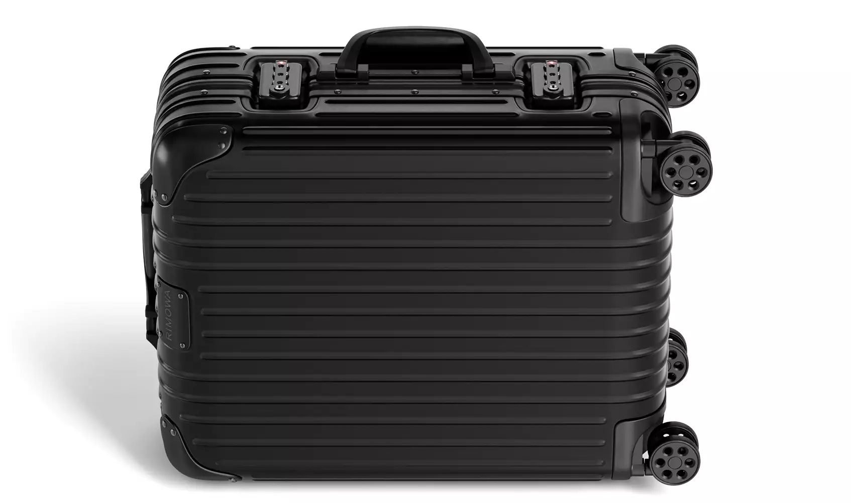 Suitcase 3D model showing a black hard-shell case laid flat with four wheels visible