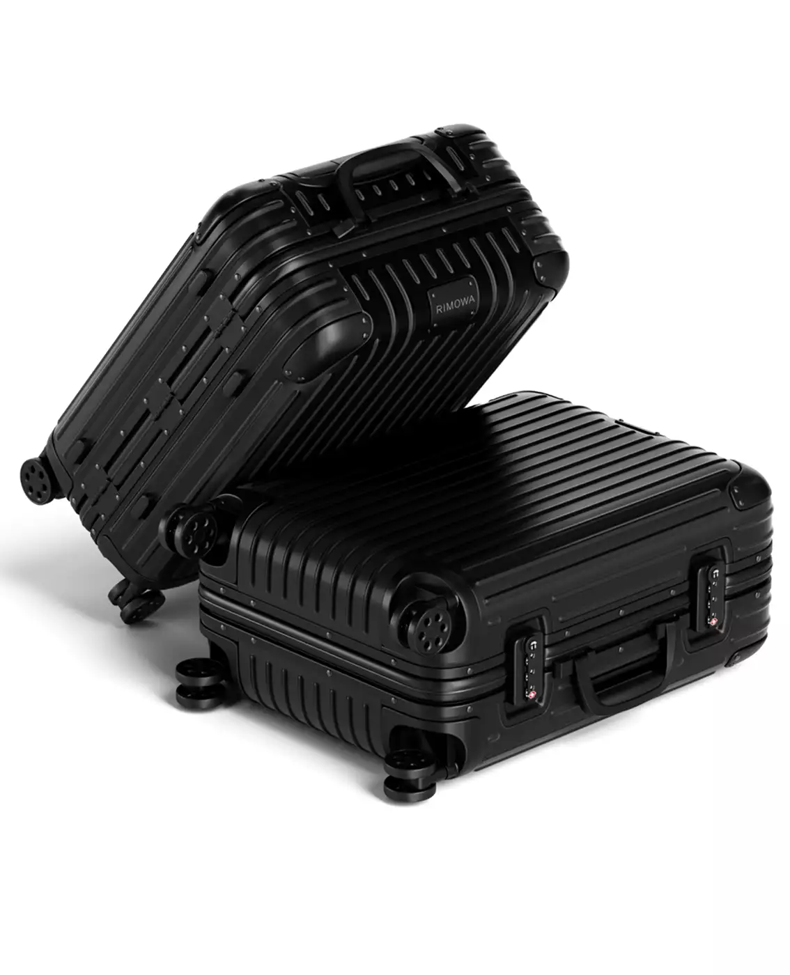 Suitcase 3d model with two black hard-shell cases stacked on a light background