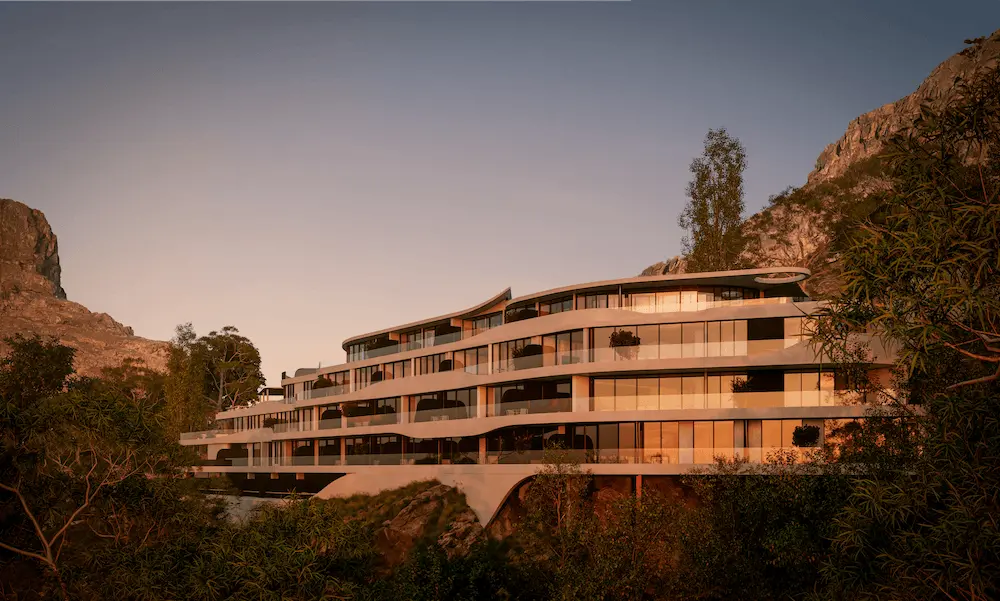 Long terraced facade at sunset between rocky slopes, real estate rendering