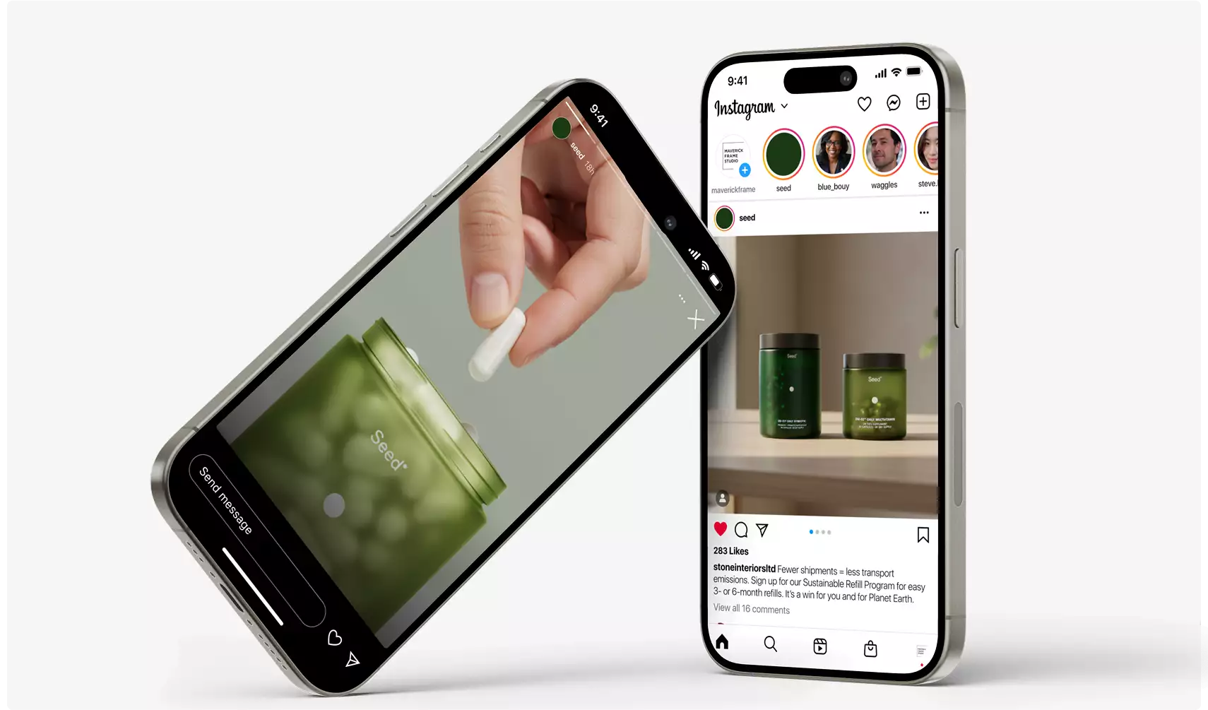 green supplement jars on shelf shown in Instagram post demonstrating supplement package design branding