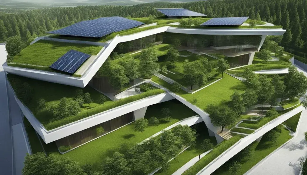 Sustainable architectural style building with green roofs, terraces, solar panels, and integrated landscape