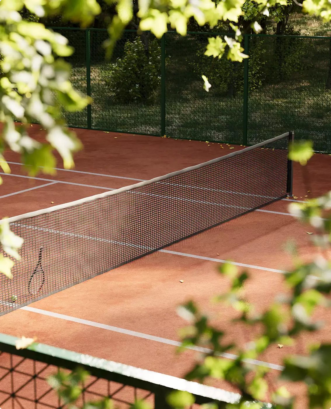 Clay tennis court design with net, surrounded by green trees, visible through leafy branches in foreground