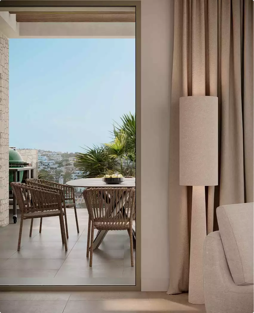 Terrace dining view through sliding door, aerial residential community rendering, with hills beyond