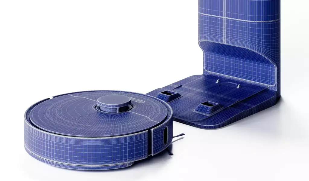 Vacuum cleaner design robot vacuum blueprint model with docking station on white background showing product structure