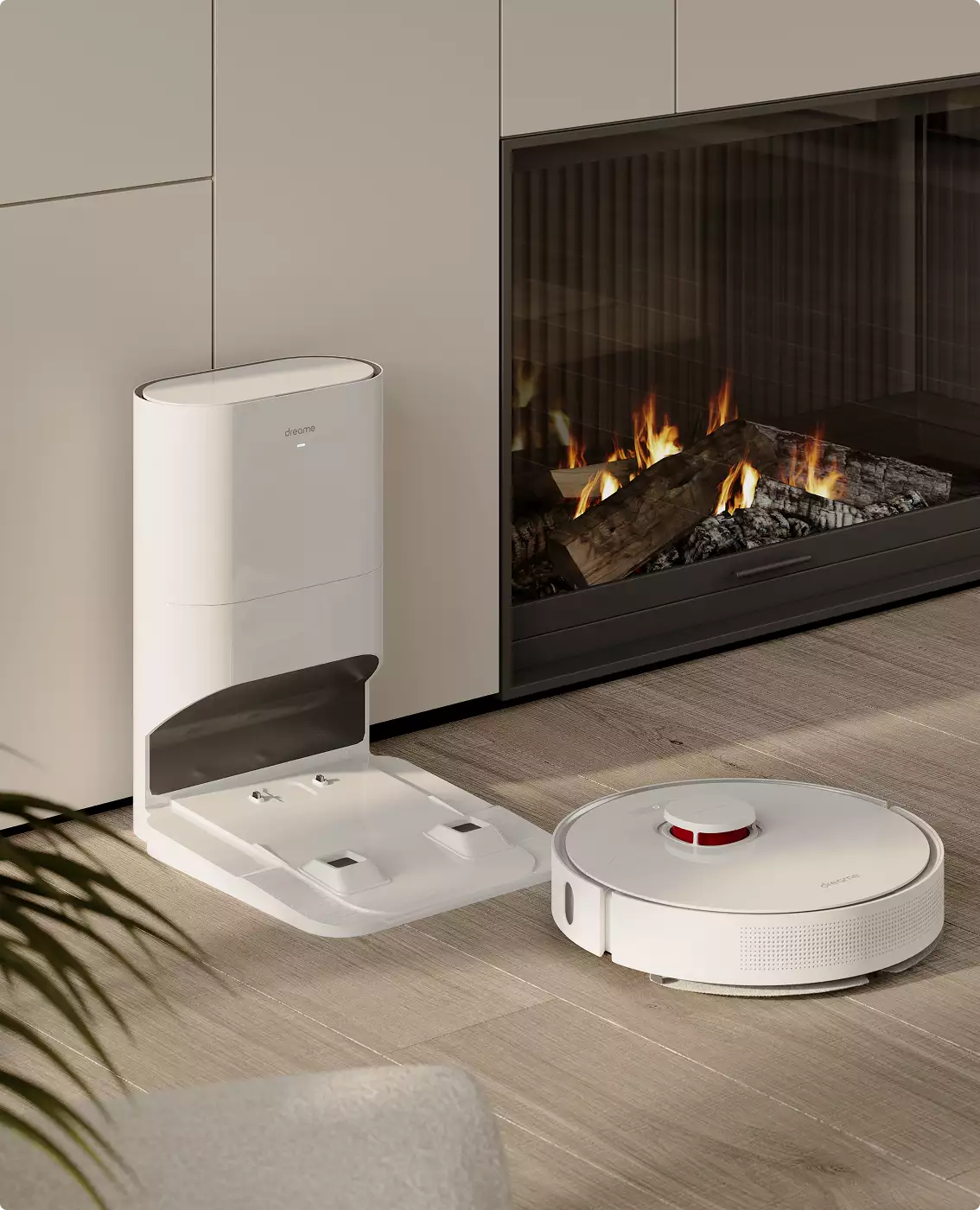 Vacuum cleaner design robot vacuum with docking station placed on floor near modern fireplace in home interior
