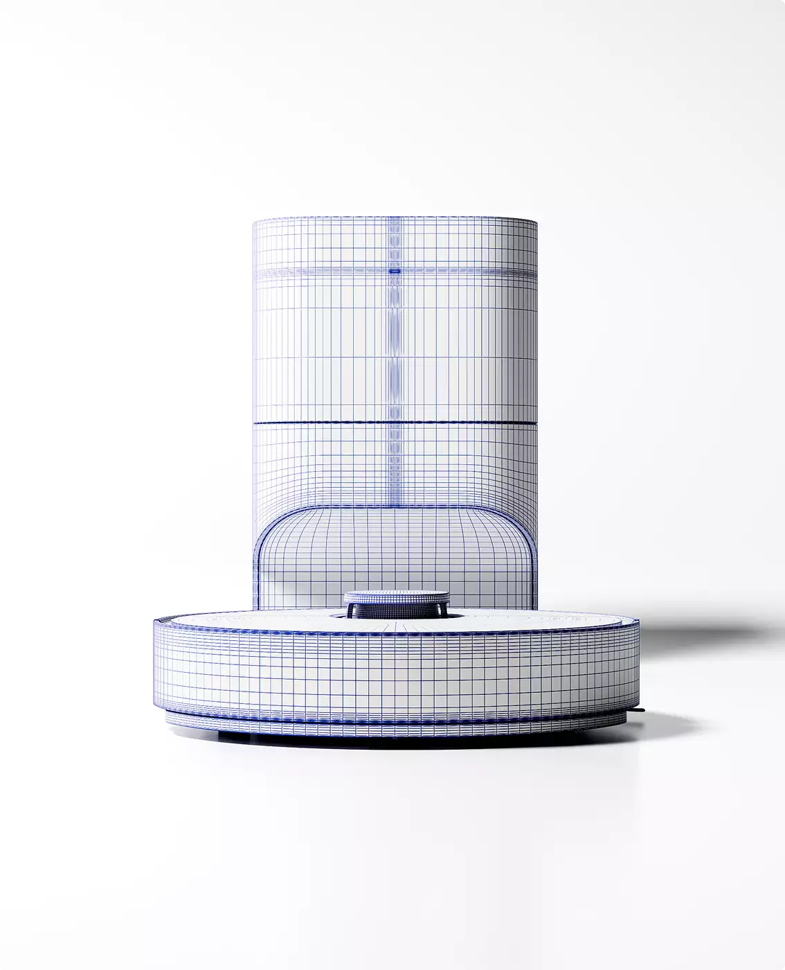 Vacuum cleaner design robot vacuum and docking station wireframe model centered on white background product visualization