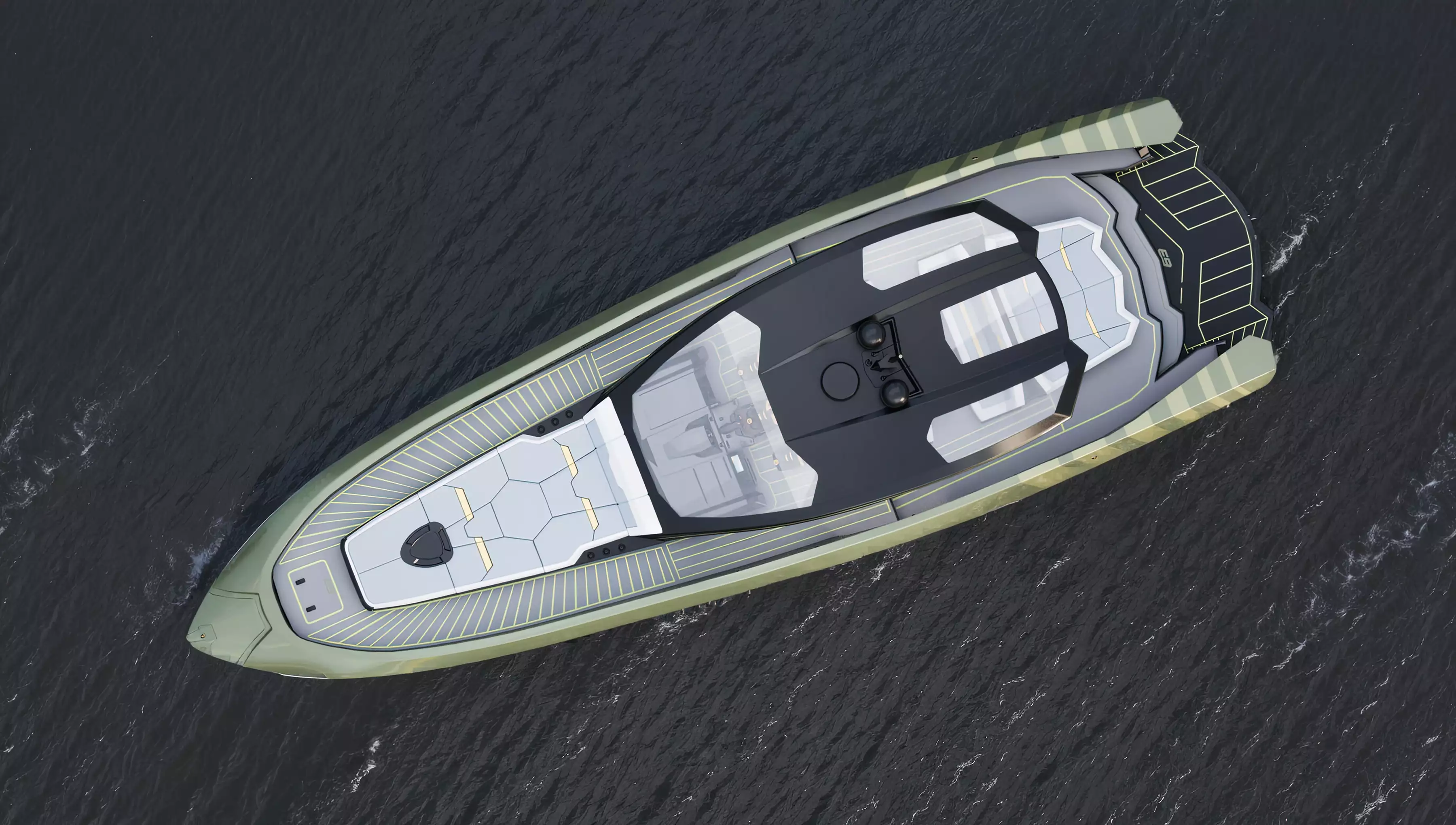 Yacht rendering from top on open water showcasing sleek deck yacht design, central cockpit, and geometric sunbed zones