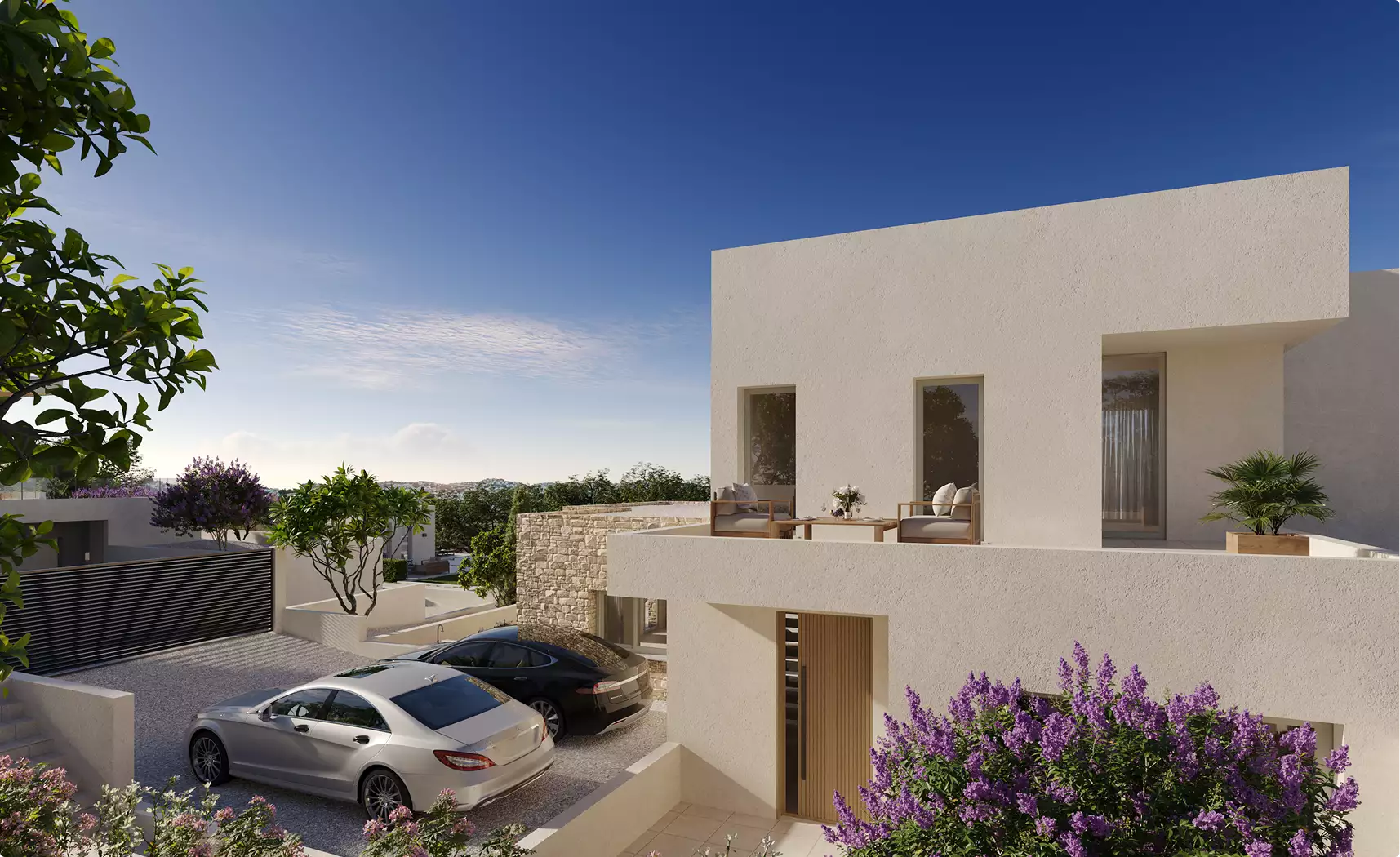 Modern villa entrance and driveway, residential exterior rendering, with balcony, cars, and flowers