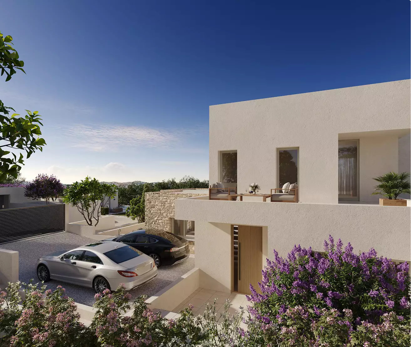 Modern villa entrance and parking area, residential renderings, with balcony, cars, and garden