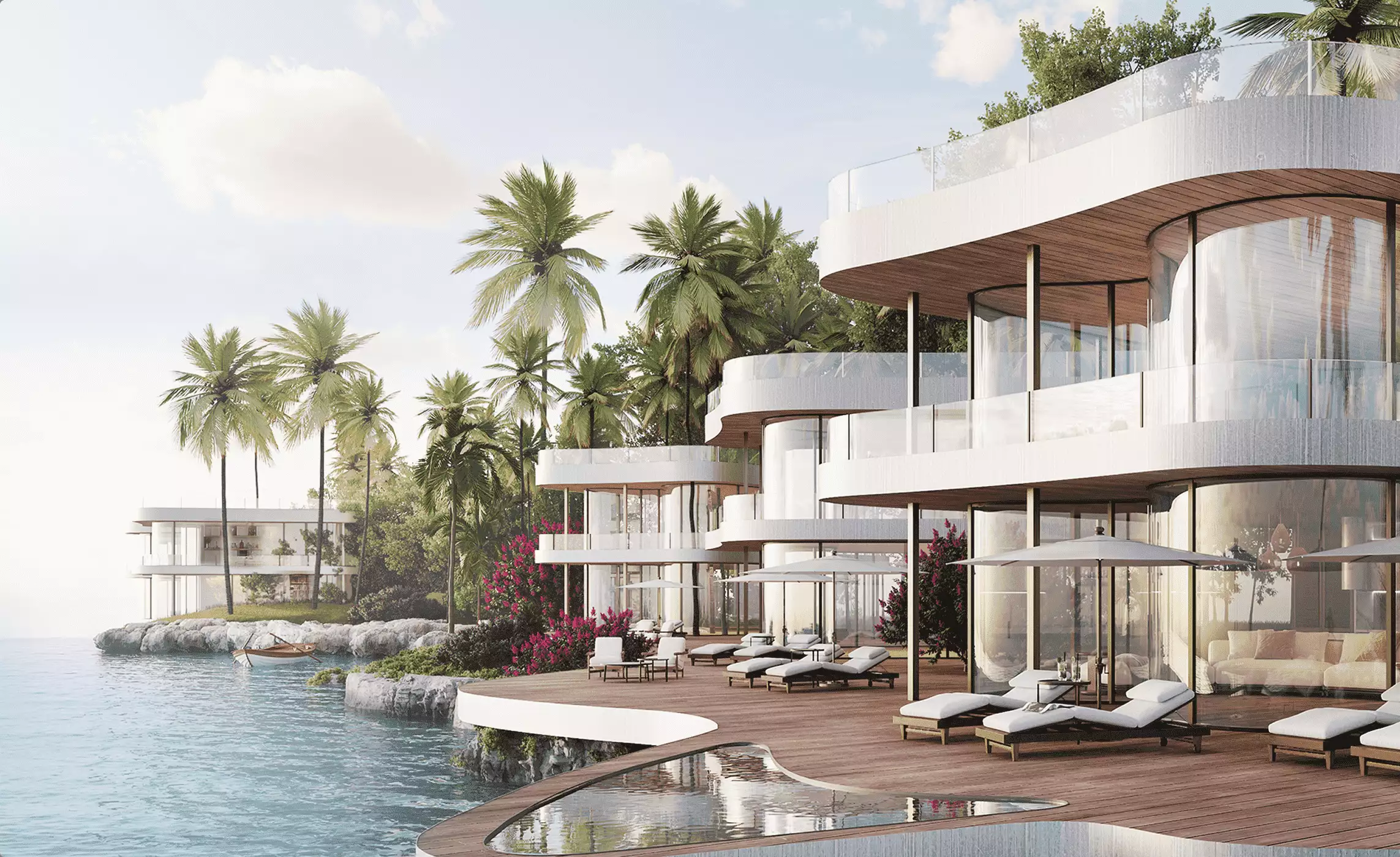 Waterfront 3d hotel renderings show curved villas, deck loungers, palms, and calm sea