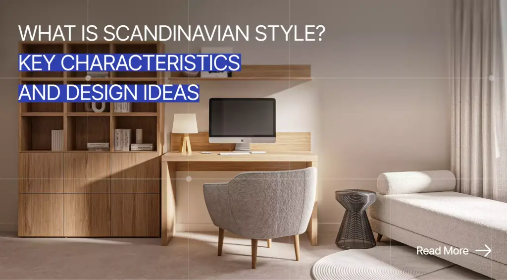 Scandinavian style article cover with a light wood home office, boucle chair, chaise lounge, and headline text overlay