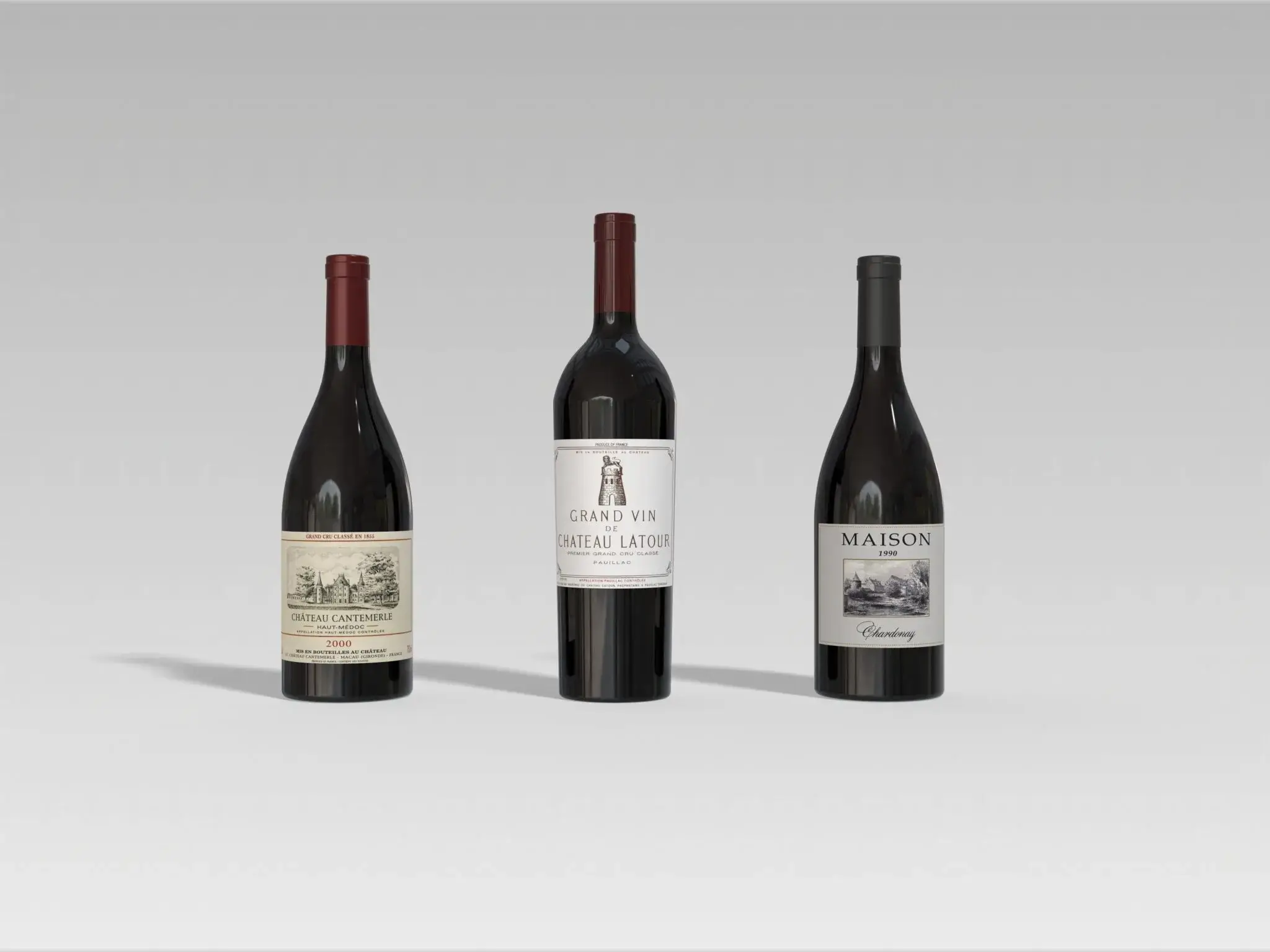 Three wine bottles on a clean studio background, 3d product rendering cost reference