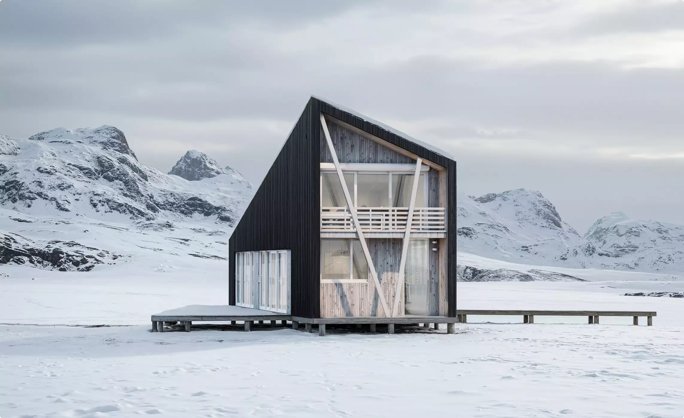 Winter 3D renders of a modern black cabin with glass facade in a snowy mountain landscape