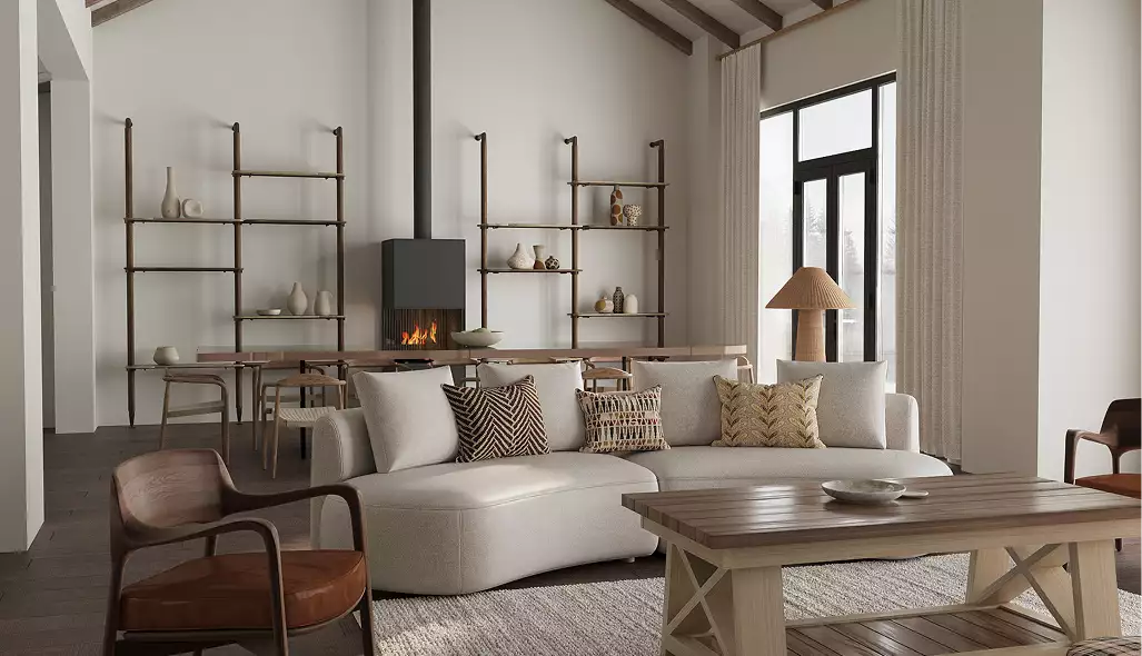 Winter architectural rendering of a bright living room with a curved sofa, fireplace, shelves, and tall windows