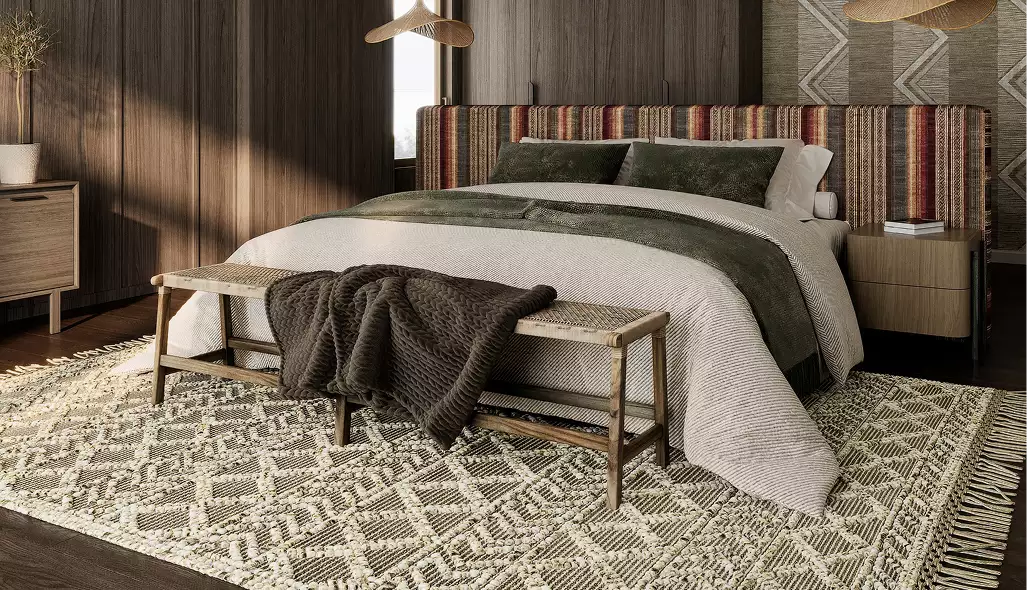 Winter architectural rendering of a cozy bedroom with a wood bench, textured rug, and striped headboard