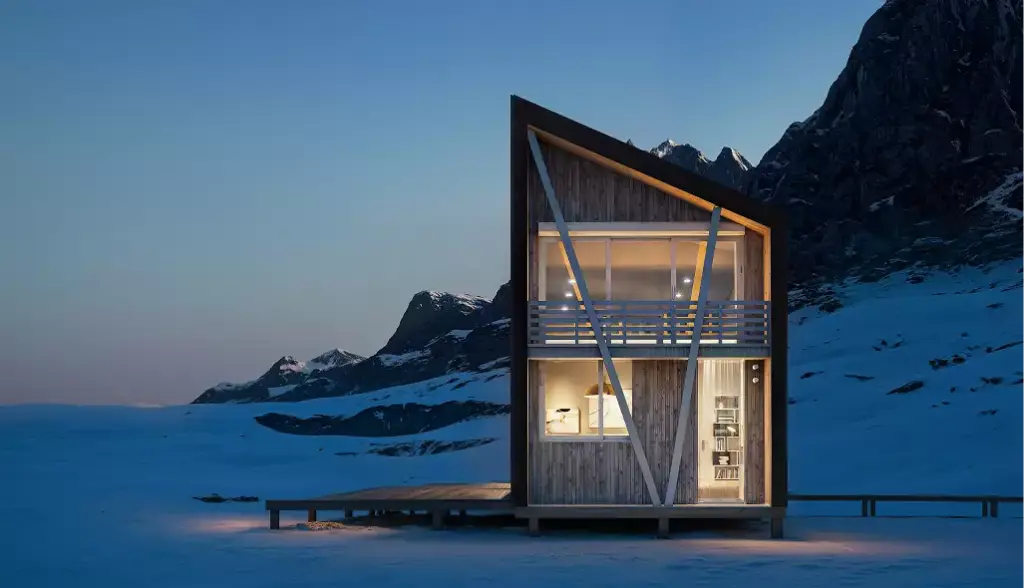 Winter architectural visualization of a modern cabin with lit windows in a snowy mountain setting