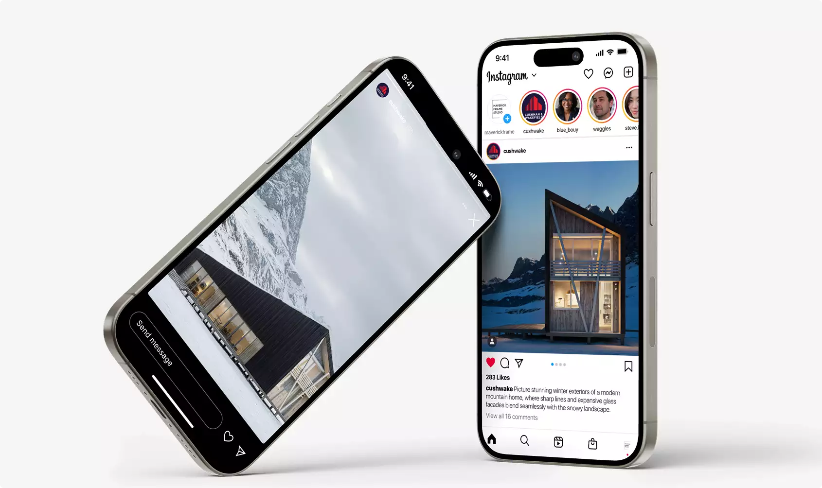 Winter house rendering shown on two smartphones displaying social media posts on a white background