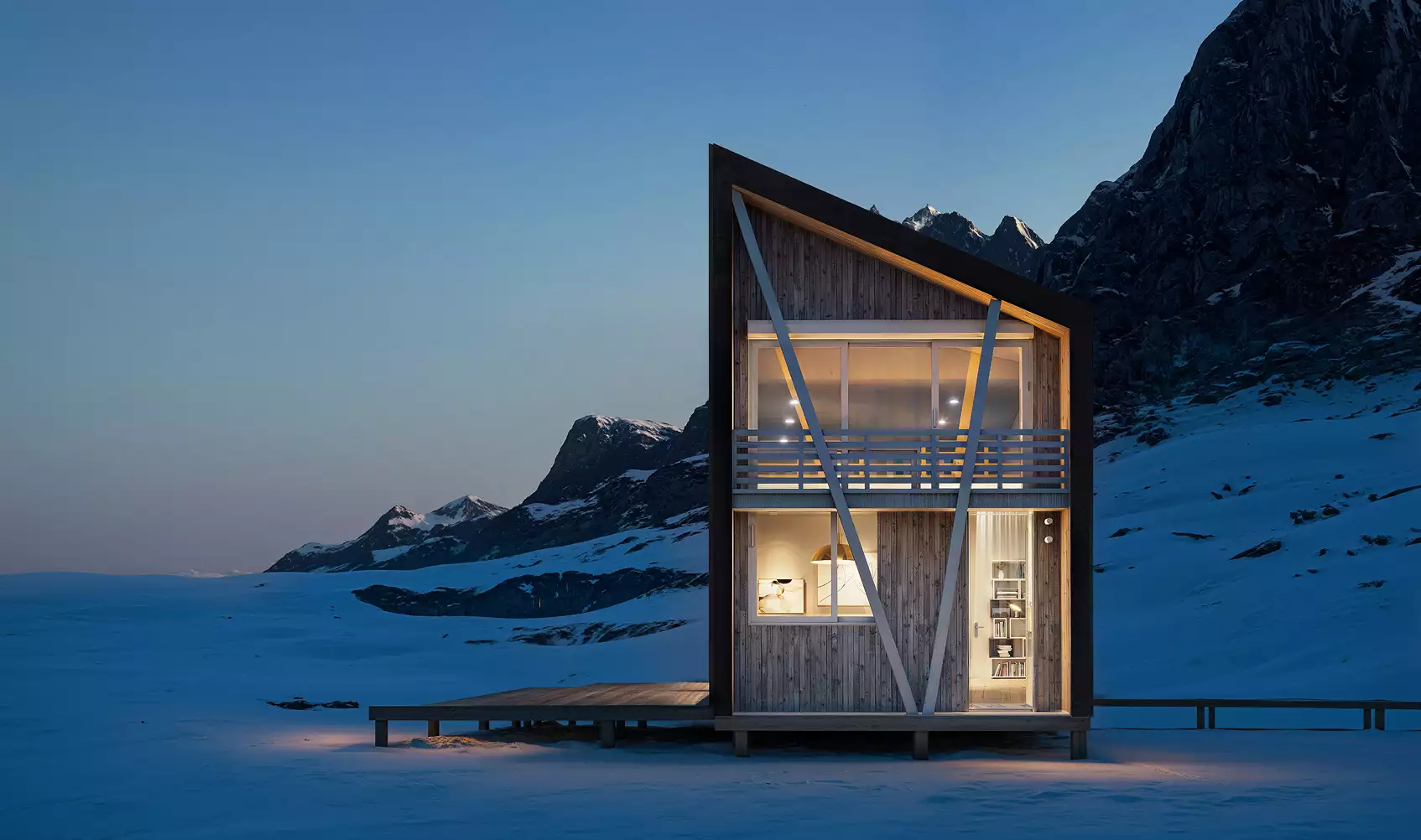 Winter night renders of a modern cabin with warm interior light in a snowy mountain setting