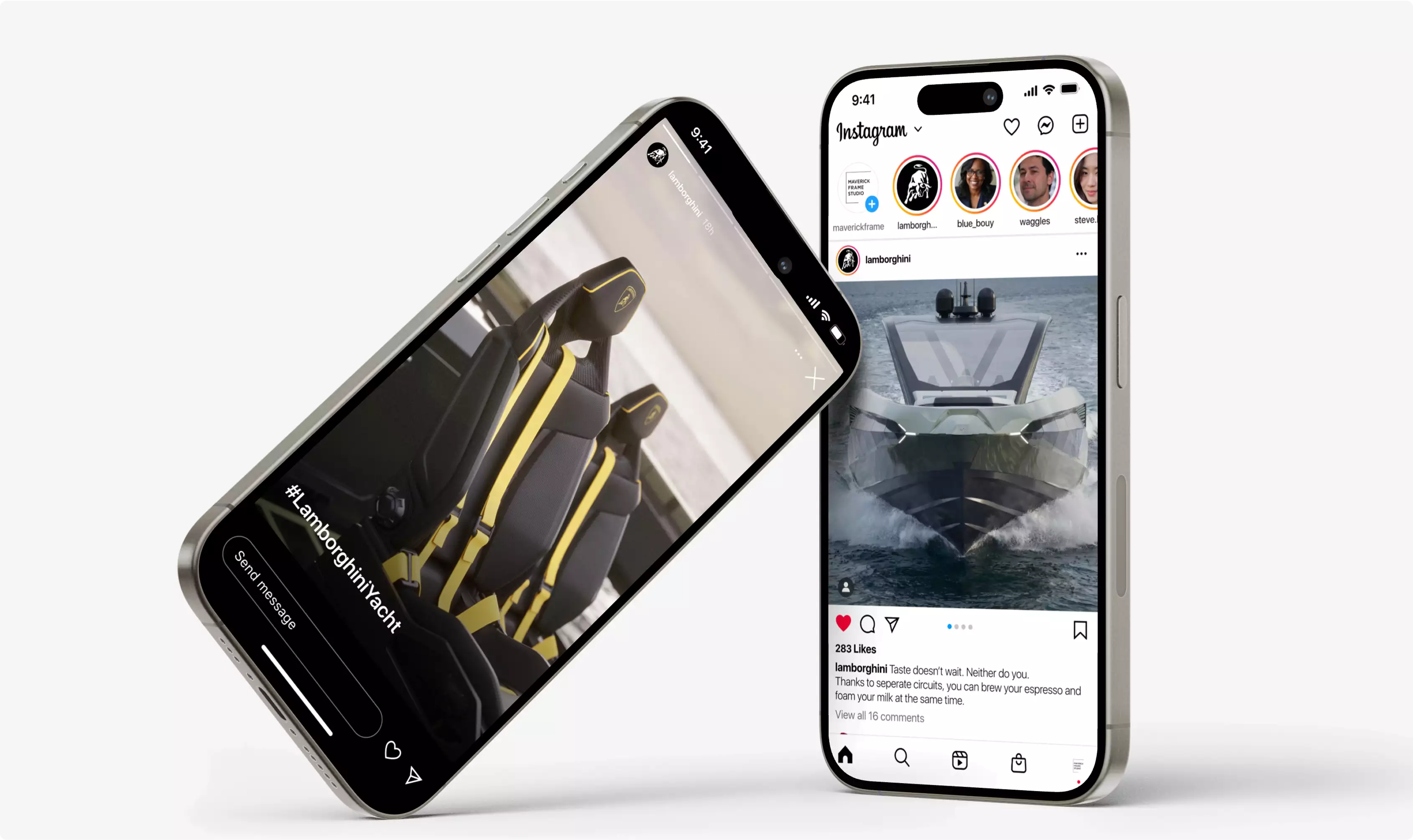 Two smartphones displaying Instagram posts with Lamborghini yacht rendering and sporty yacht interior seats in modern yacht design feed