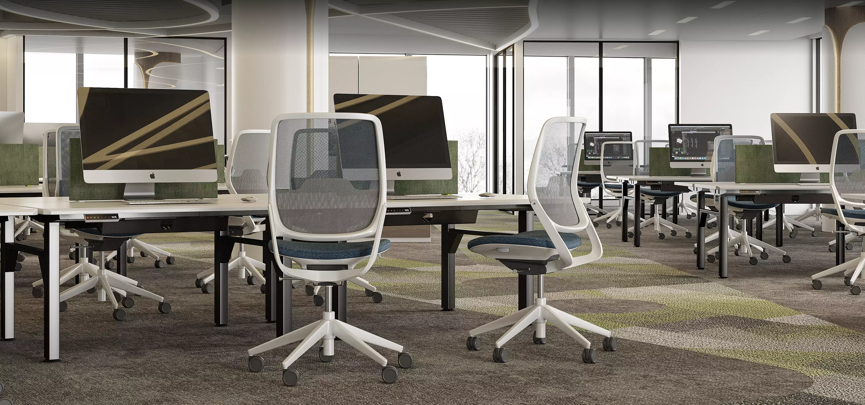 360 panorama rendering of an office workstation with mesh chairs, desktop monitors, and patterned carpet
